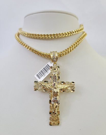 10K Franco Chain Jesus Cross Pendant Charm Necklace 20"-26" 5mm Gold Yellow SET