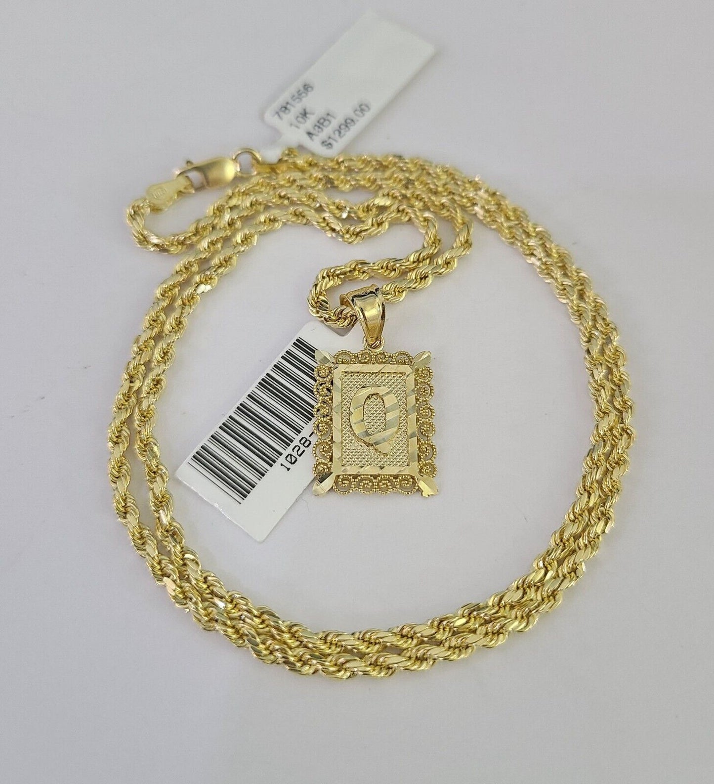 10k Gold Initial Q Charm Rope Chain 16"-26" 2.5mm SET Necklace Alphabet Pendant