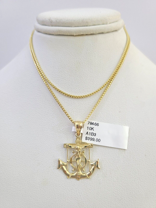 10K Solid Franco Chain Jesus Anchor Pendant Charm Necklace 16"-22" 1mm Gold