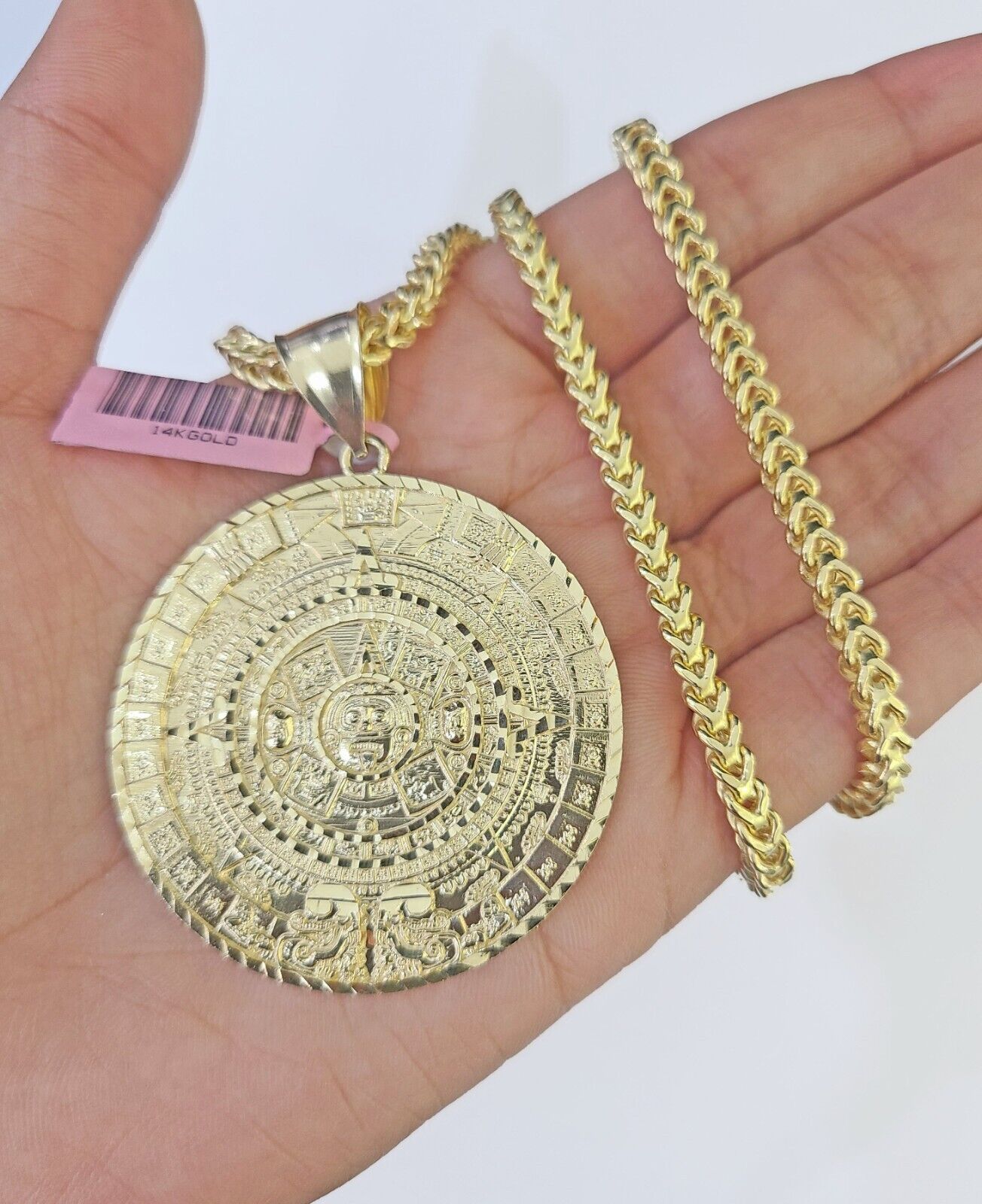 Real 14k Gold Franco Necklace Chain Mayan Calendar Charm 18"-26" SET For Mens