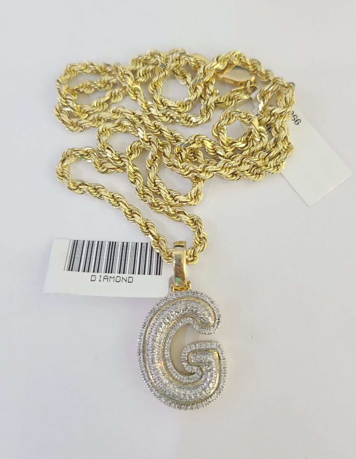 10k 3mm Rope Solid Chain G Diamond Pendant Alphabet 18"-28" Gold Charm Necklace