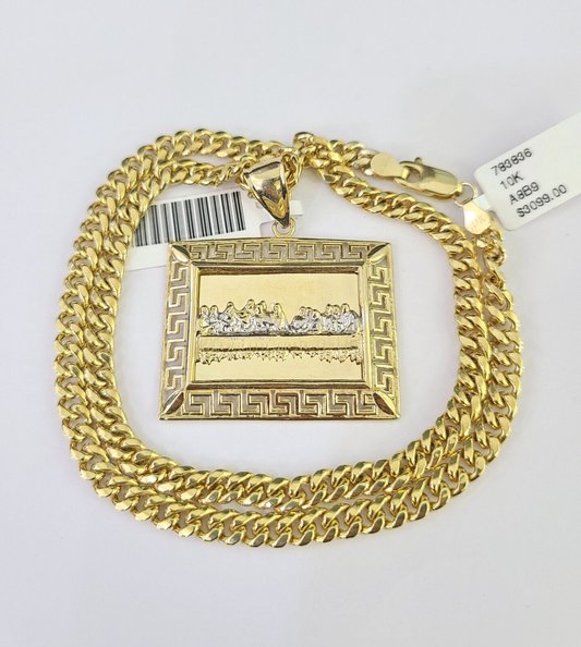 10k Last Supper Charm Miami Cuban Chain Pendant Set 5mm Necklace Yellow Gold