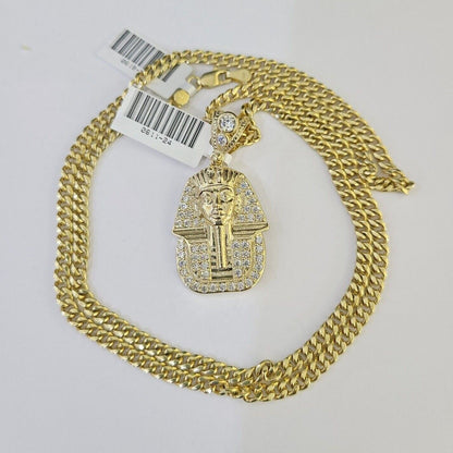 10k Miami Cuban Chain Pharaoh Charm Set 4mm 18"-28" Necklace Pendant Gold