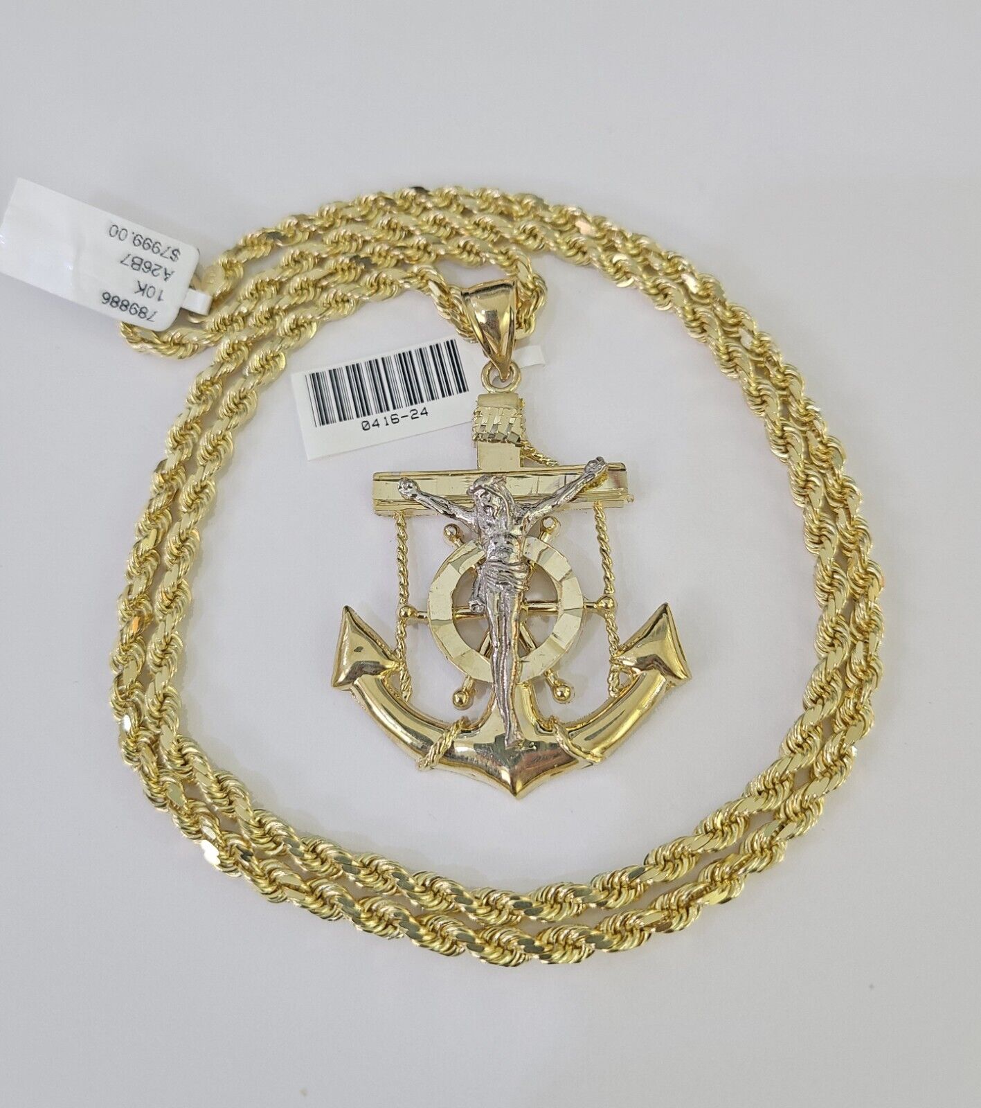 10k Solid Rope Chain Jesus Anchor Charm Set 4mm 20"-28" Necklace Gold Yellow