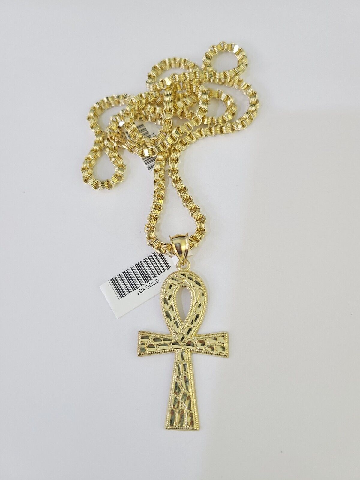 10k Gold Byzantine Necklace Ankh Cross Charm 18-28 inch 3mm SET Chain Pendant