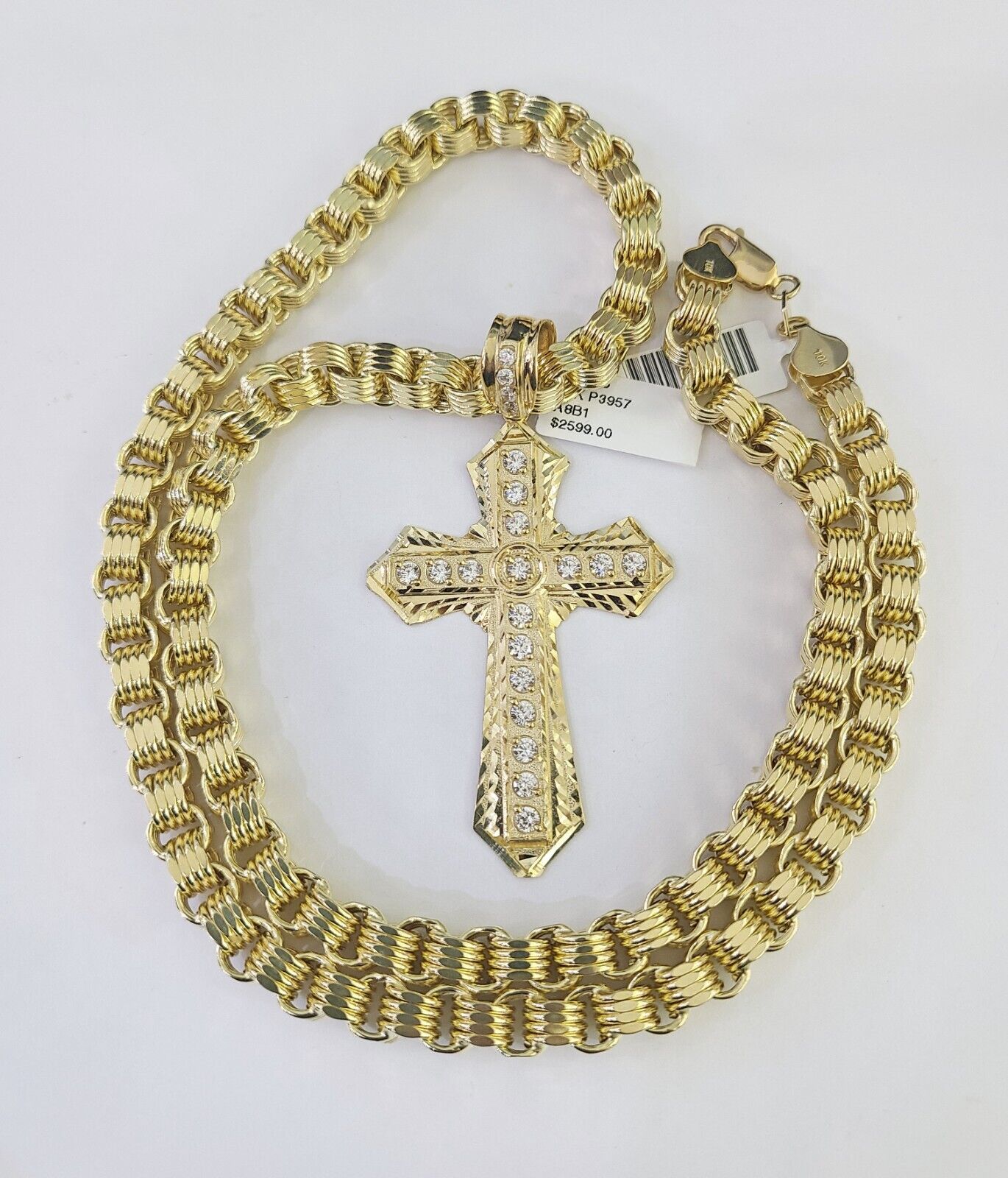 10k Gold Byzantine Necklace Jesus Cross Charm Pendant 20"-30" 8mm REAL SET Chain