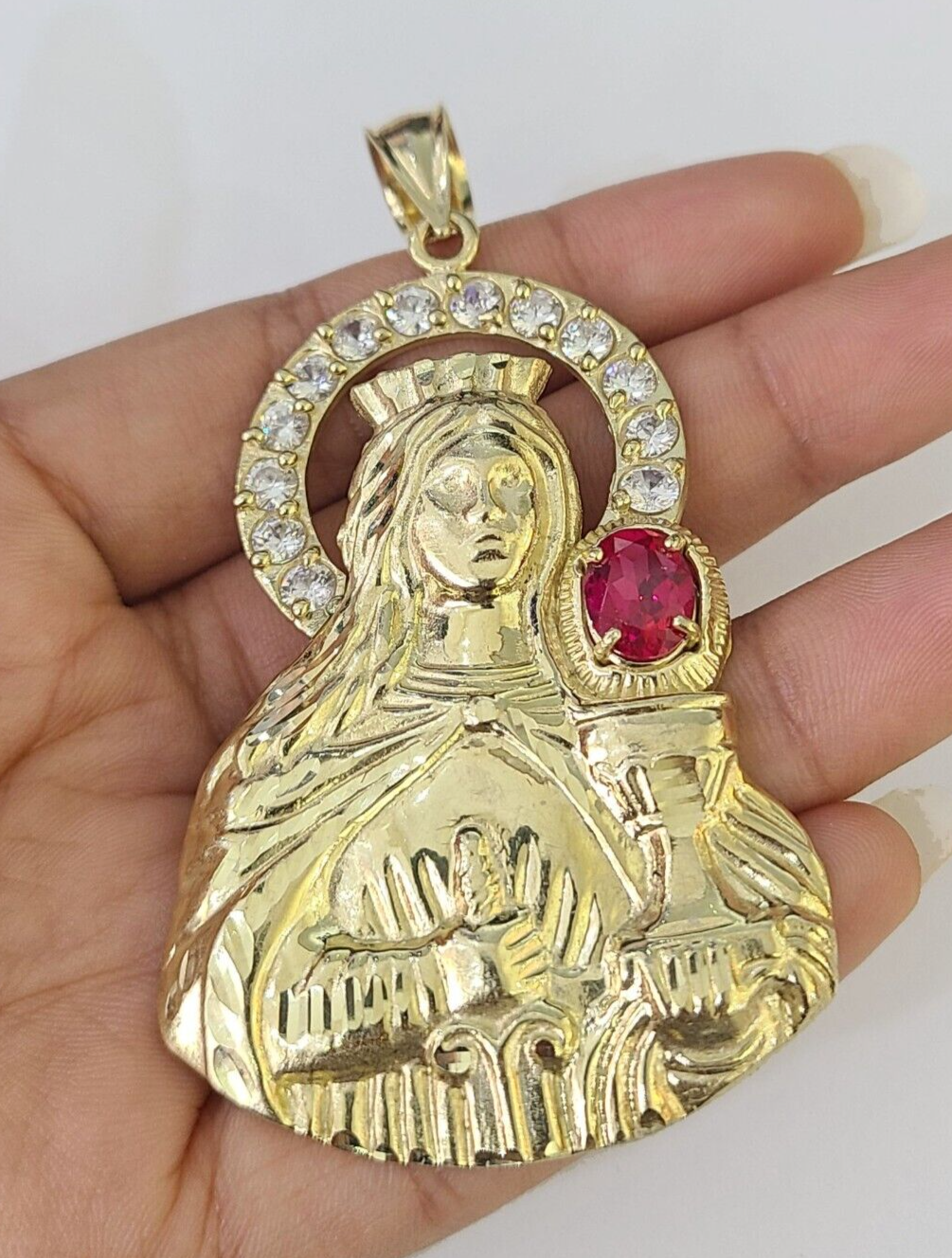 Real 10K Gold Saint Barbara Charm Diamond Cut 10kt yellow Gold Pendent 3"