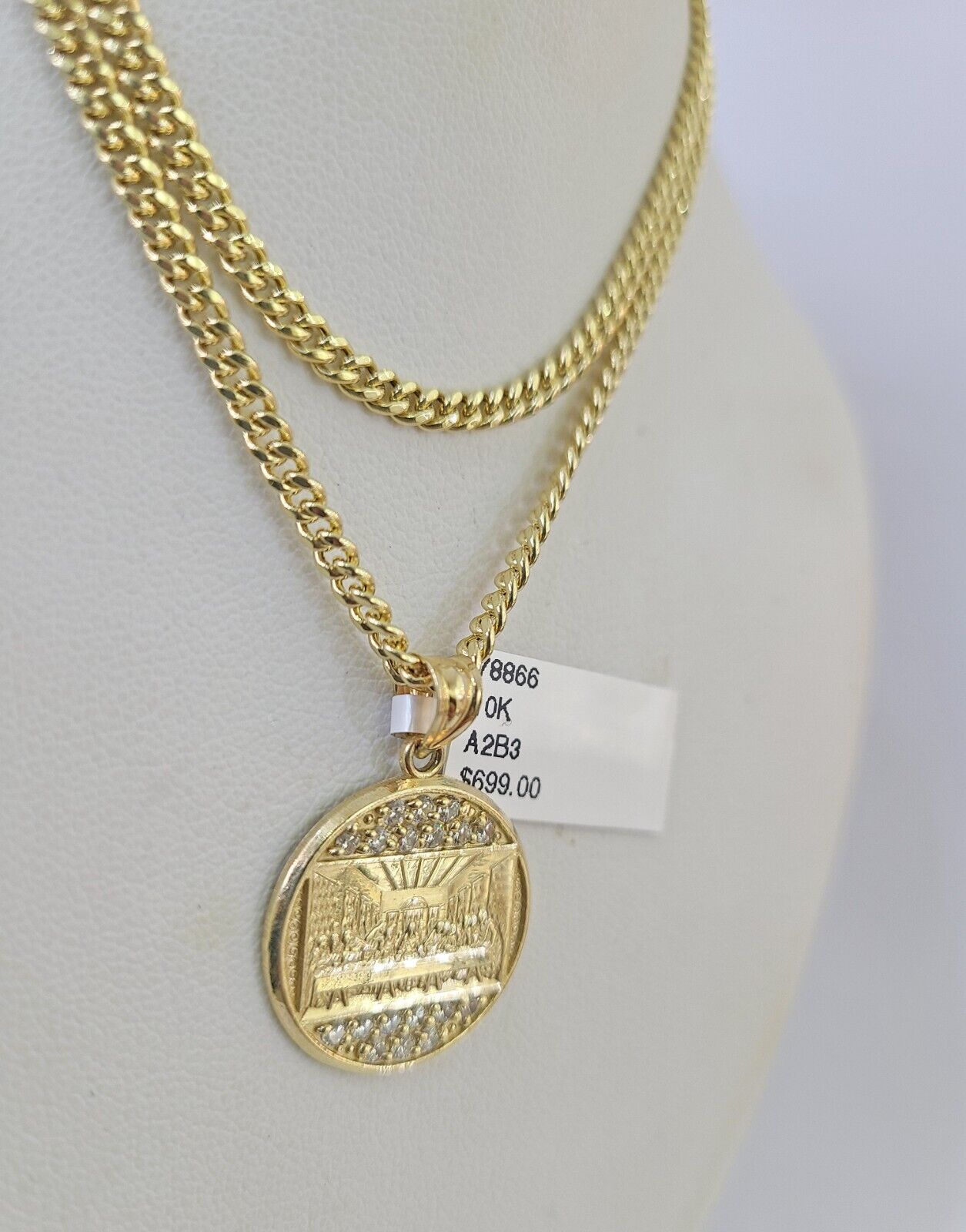 10K Gold Miami Cuban Chain Mayan Calendar 18"-28" 3mm Pendant Necklace SET