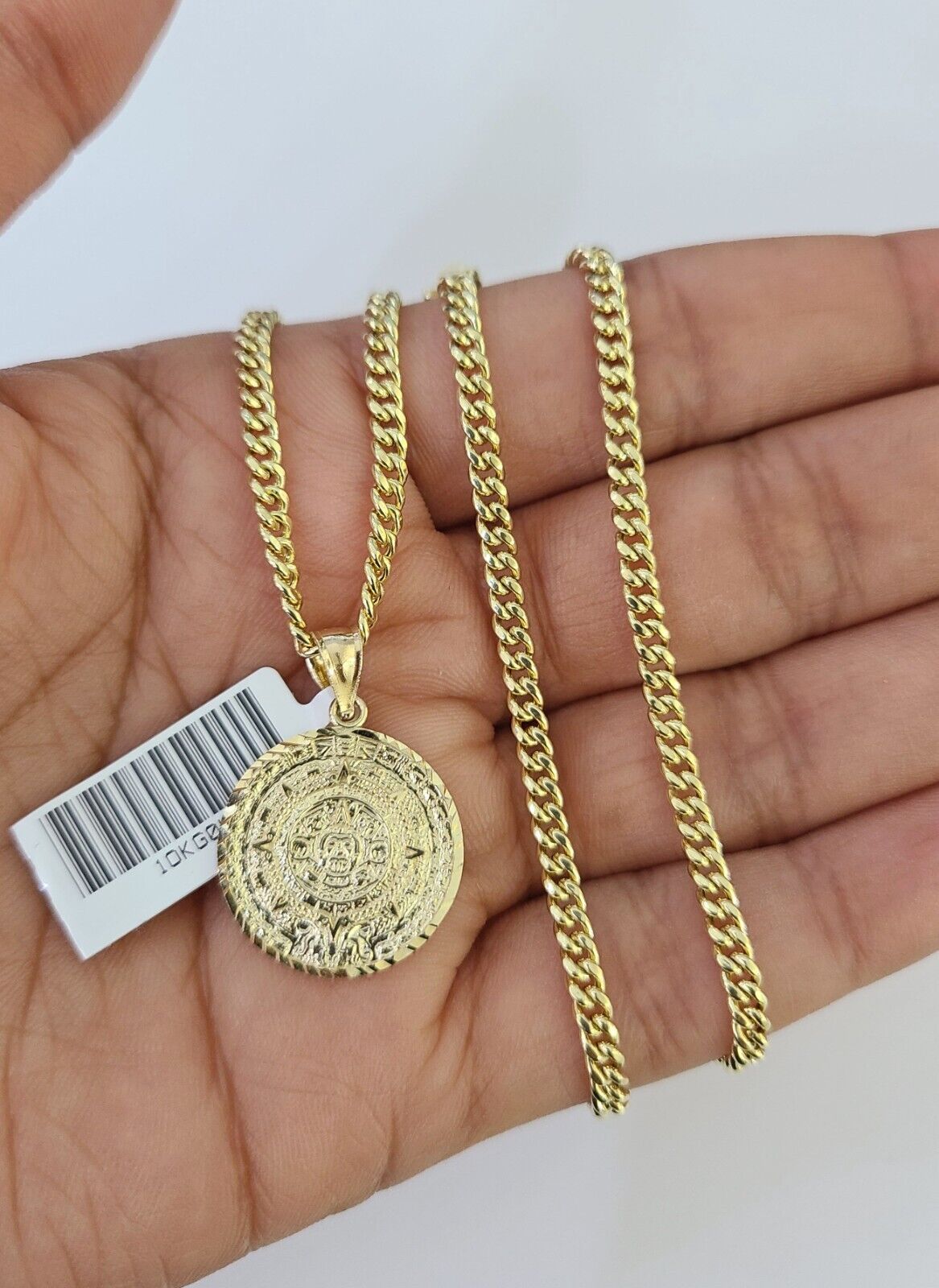 10K Gold Miami Cuban Chain Mayan Calendar 18"-28" 3mm REAL Pendant Necklace SET