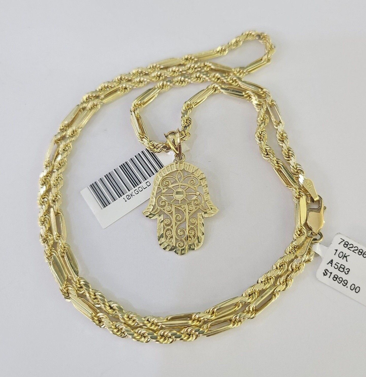 Hamsa Rope Chain 10k Milano Rope Chain Hamsa Hand Charm Necklace SET 3mm 18
