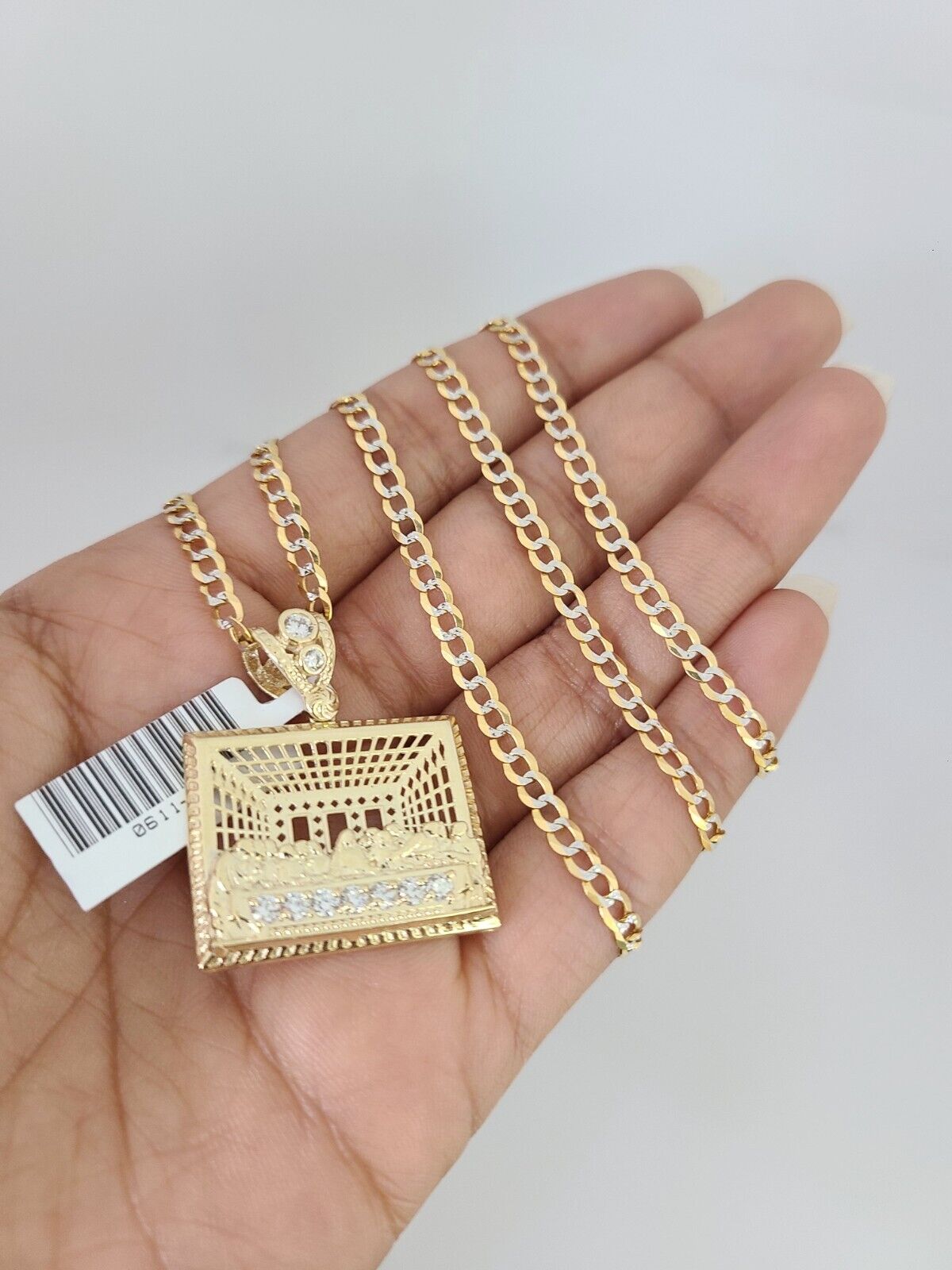 10k Gold Solid Cuban Curb Chain Last Supper Pendant Set 3mm 18"-26" Necklace
