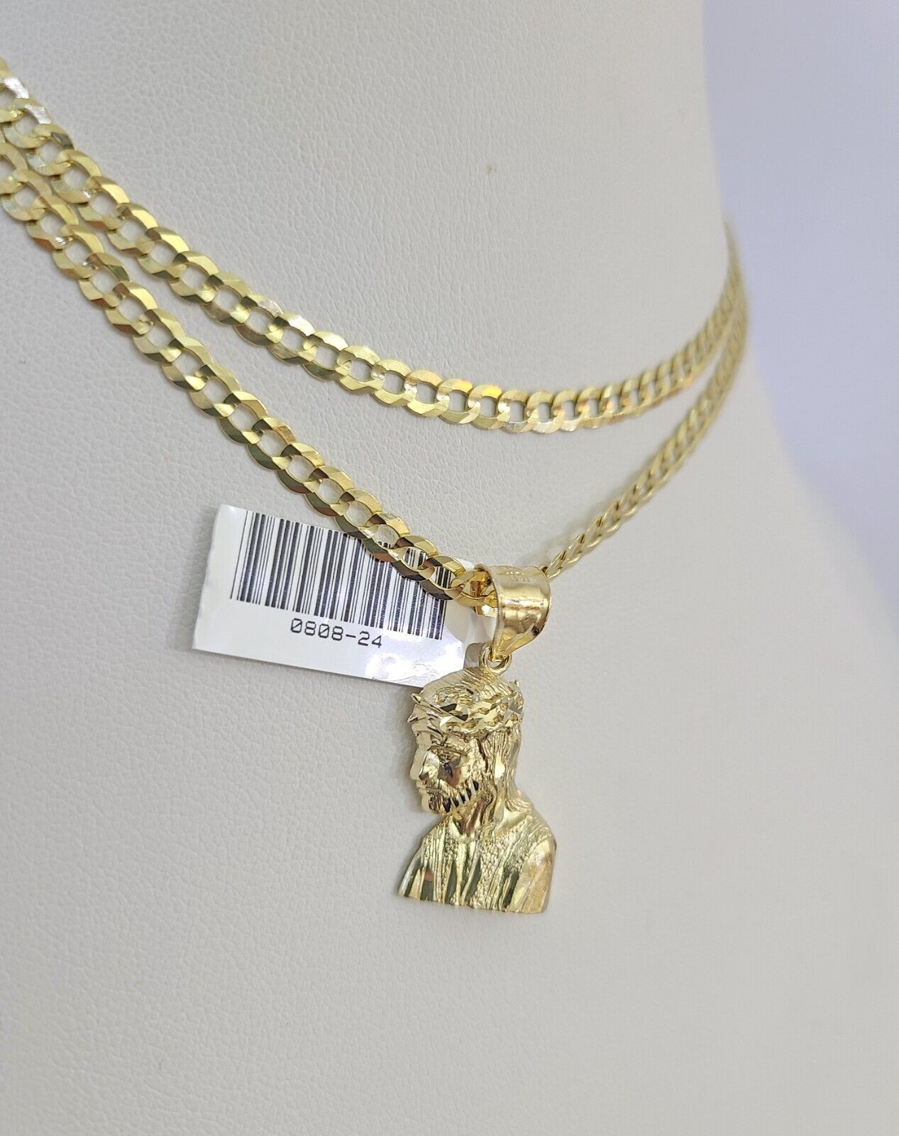 10k Gold Cuban Curb Chain Jesus Head Charm Solid 4mm 18"-28" SET Necklace