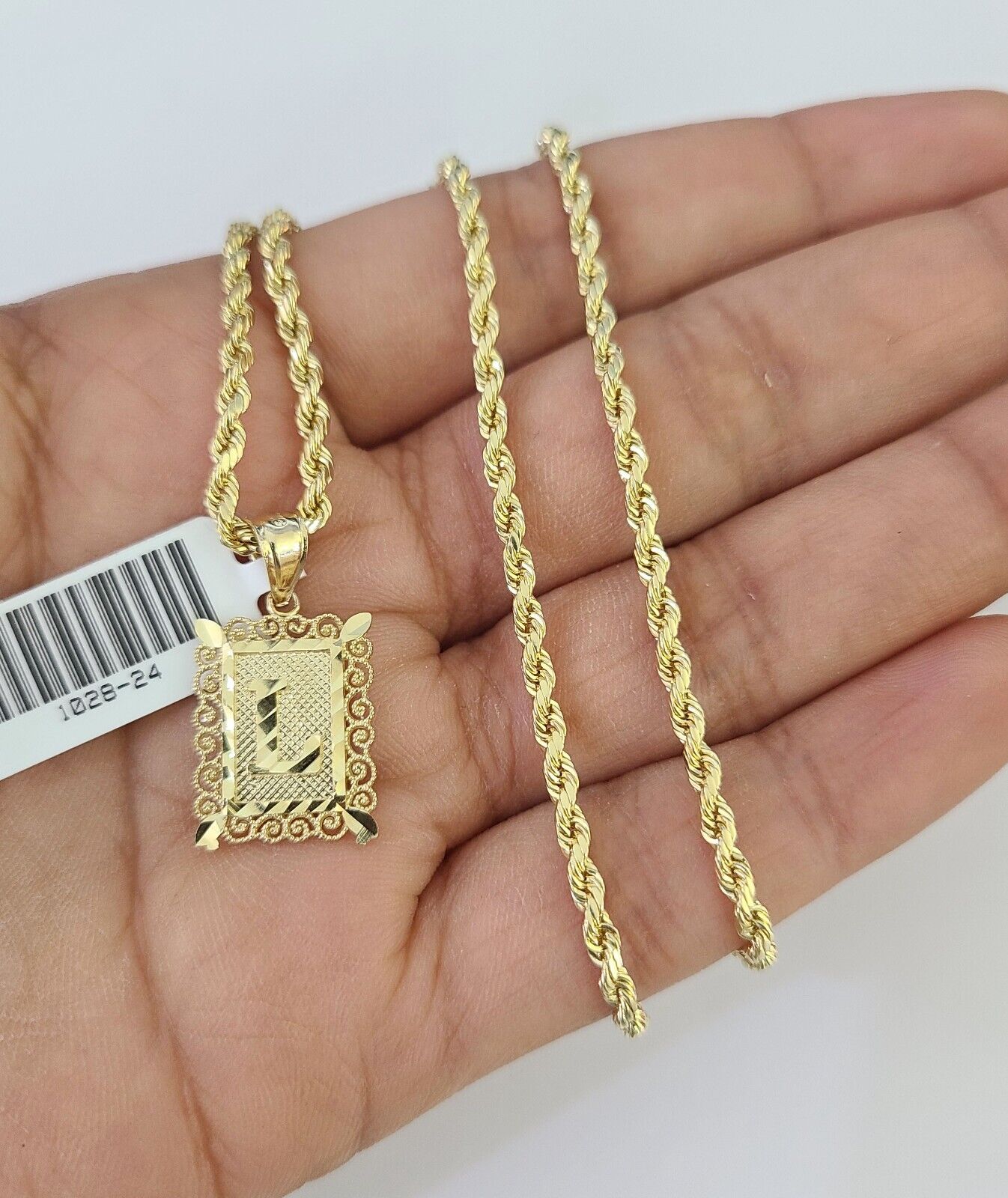 10k Gold Initial L Charm Rope Chain 16"-26" 2.5mm SET Necklace Alphabet Pendant