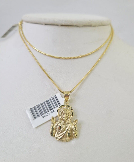 10K Solid Franco Chain Praying Jesus Christ Pendant Charm Necklace 18"-24" 1.5mm