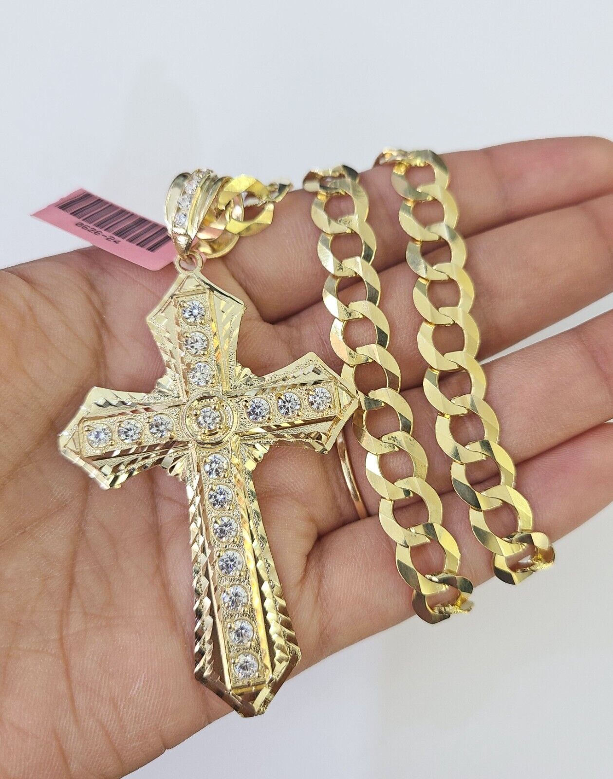 14k Solid Cuban Curb Link Chain Jesus Cross Charm Pendant 8mm 22inch YellowGold
