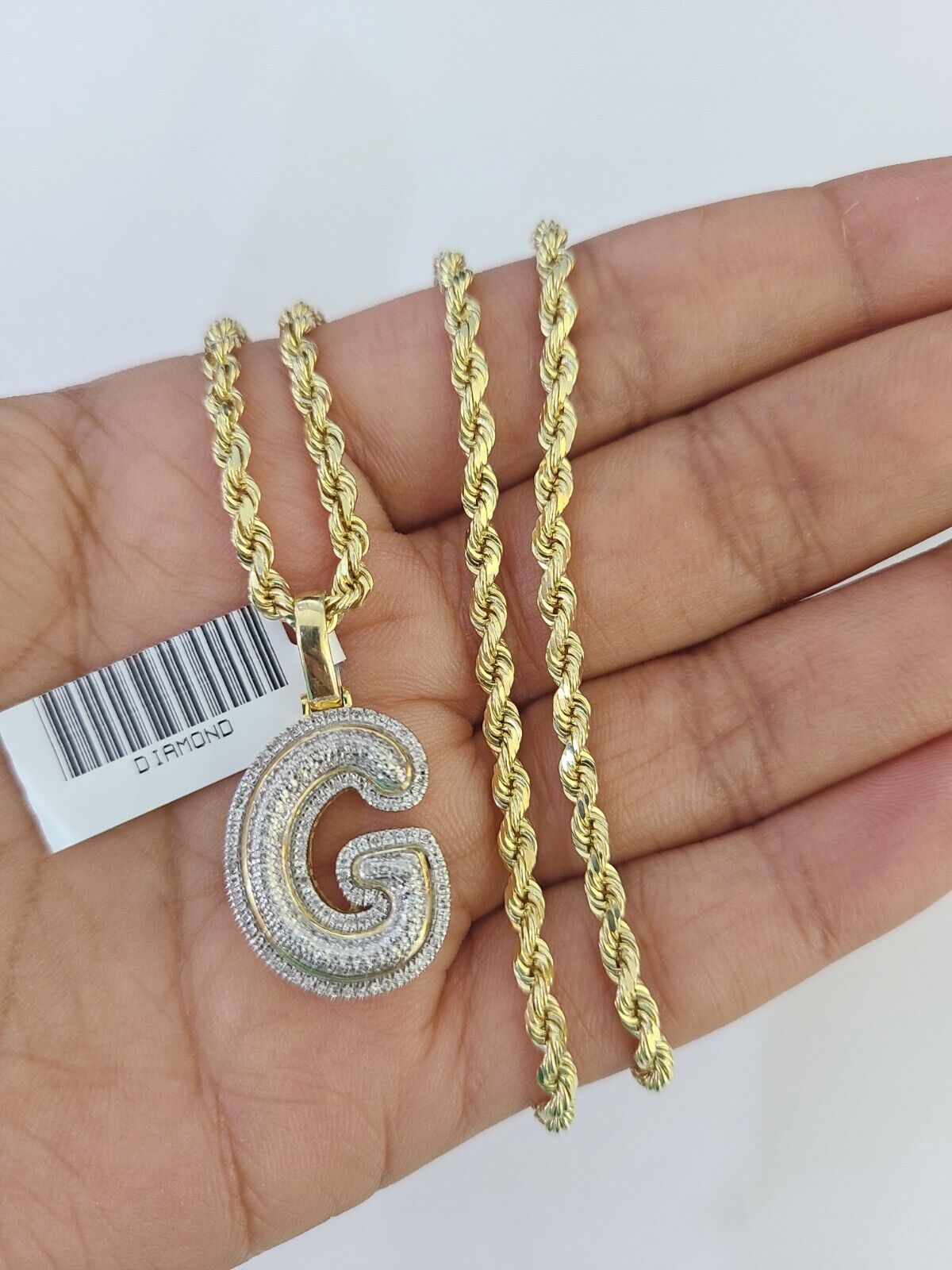 10k 3mm Rope Solid Chain G Diamond Pendant Alphabet 18"-28" Gold Charm Necklace