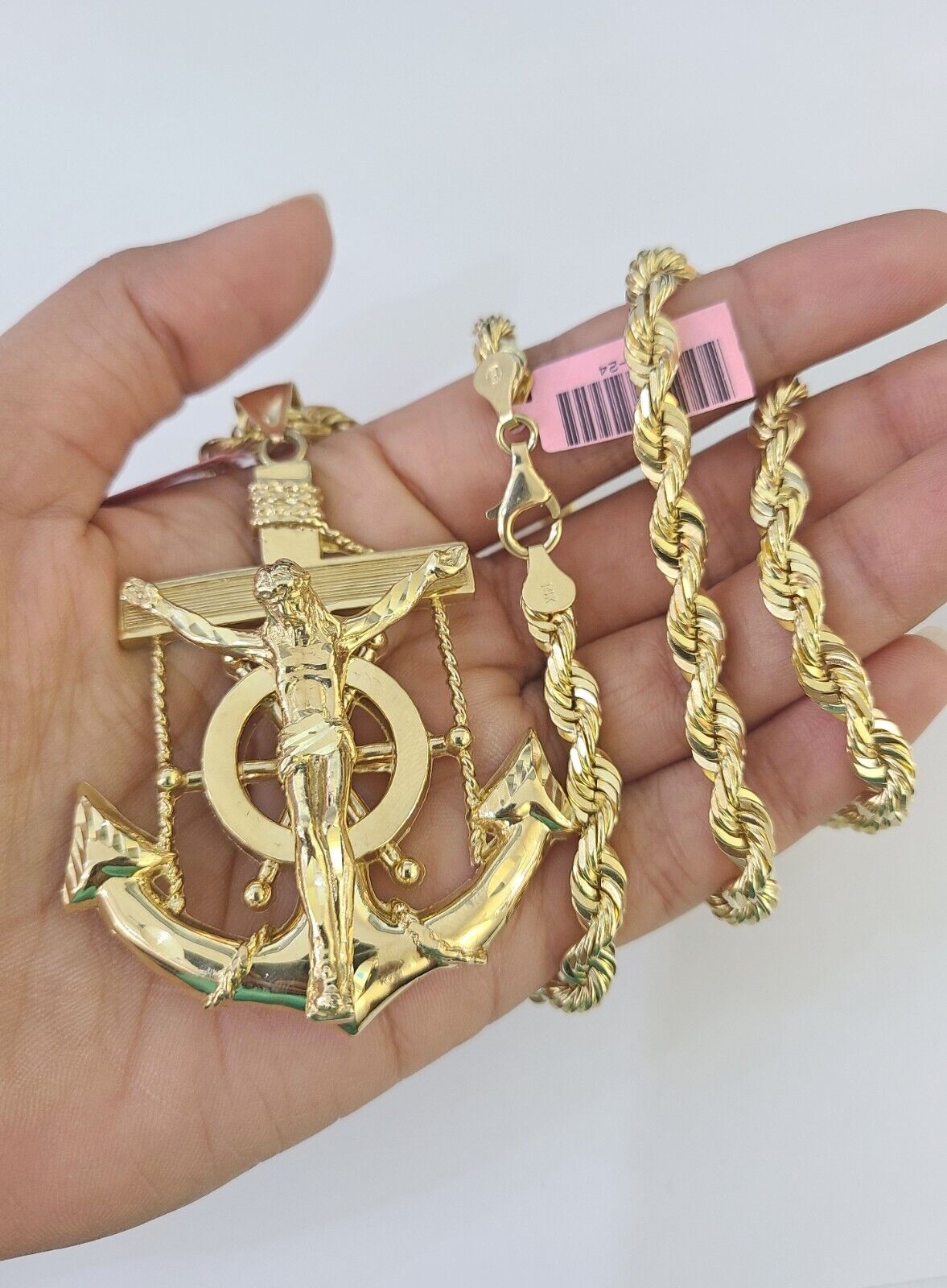 Real 14k Solid Rope Chain Jesus Anchor Charm Set 6mm 18"-30" Necklace Gold