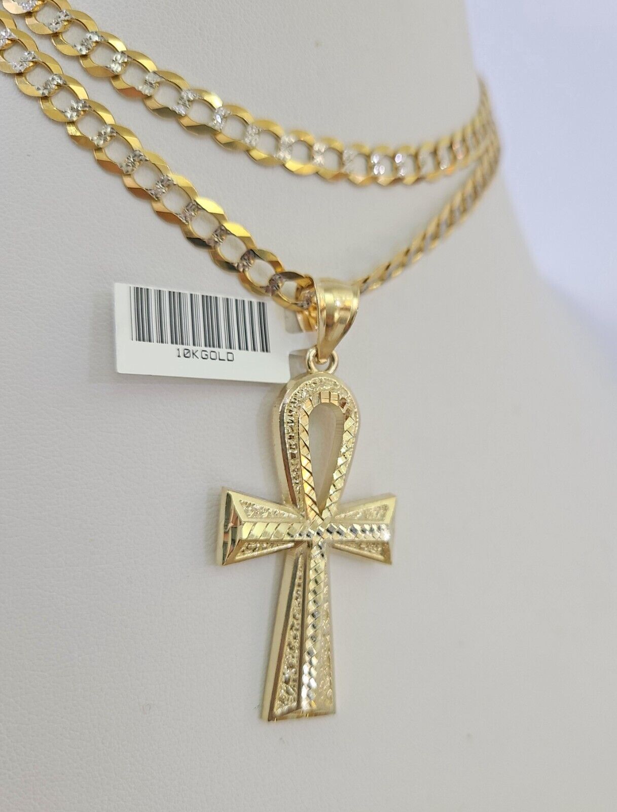 Solid 10k Gold Cuban Curb Link Chain Ankh Cross Pendant 6mm 20"-30" SET Necklace