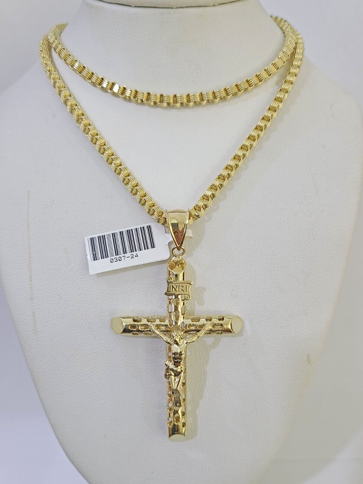 10k Gold Byzantine Necklace INRI Jesus Cross Charm 18-26 inches 3mm SET Chain