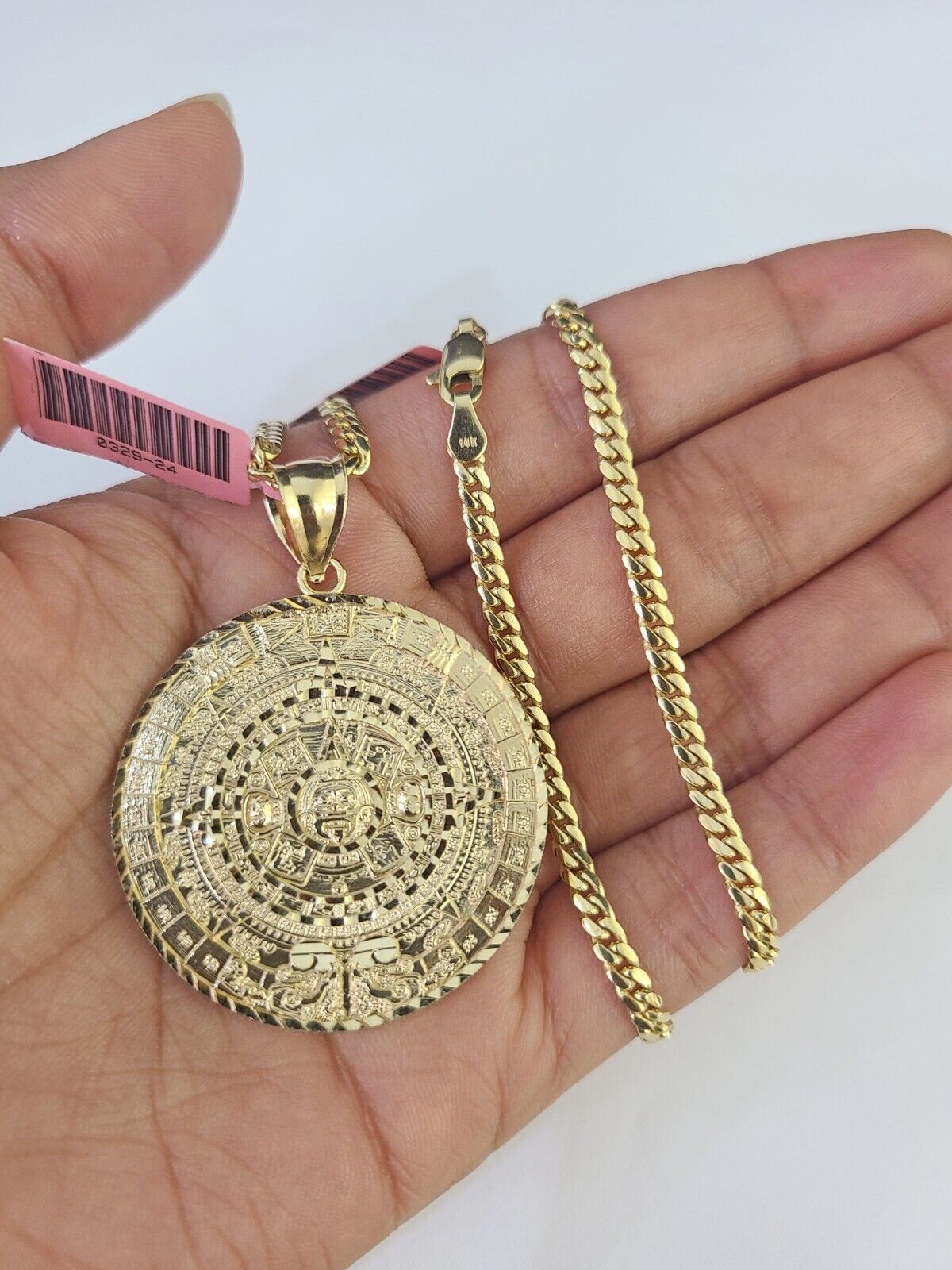 Real 14k Solid Chain Mayan Calendar Charm Set Miami Cuban 3mm Necklace Pendant