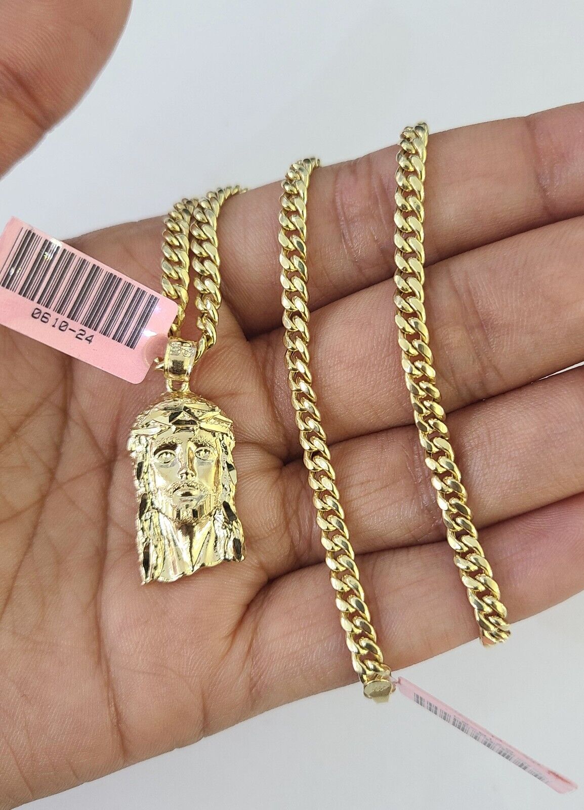 Real 14k Chain Jesus Head Charm Set Miami Cuban Link 4mm Necklace Pendant