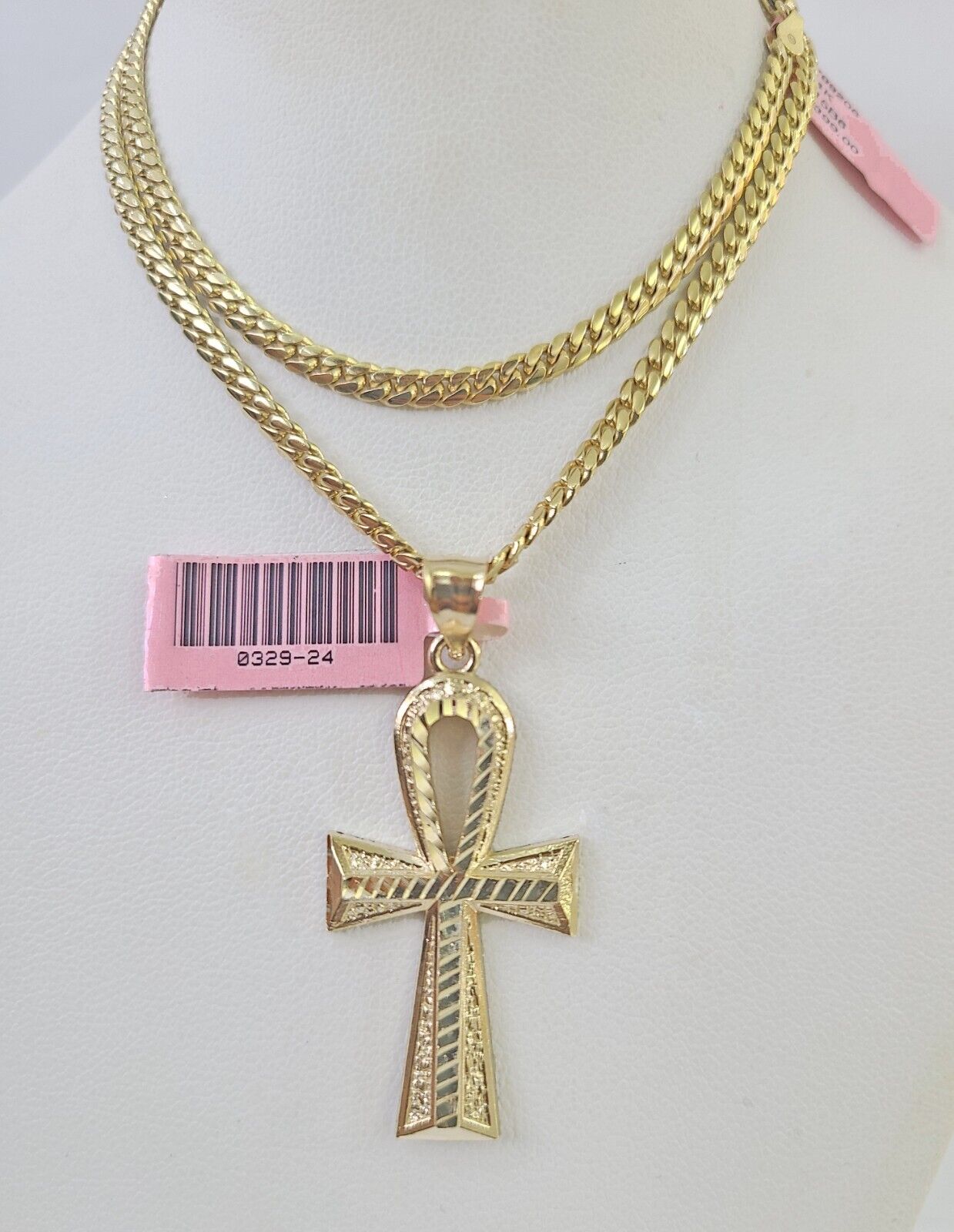 Real 14k Solid Chain Cross Charm Set Miami Cuban Link 3mm Necklace Pendant Gold