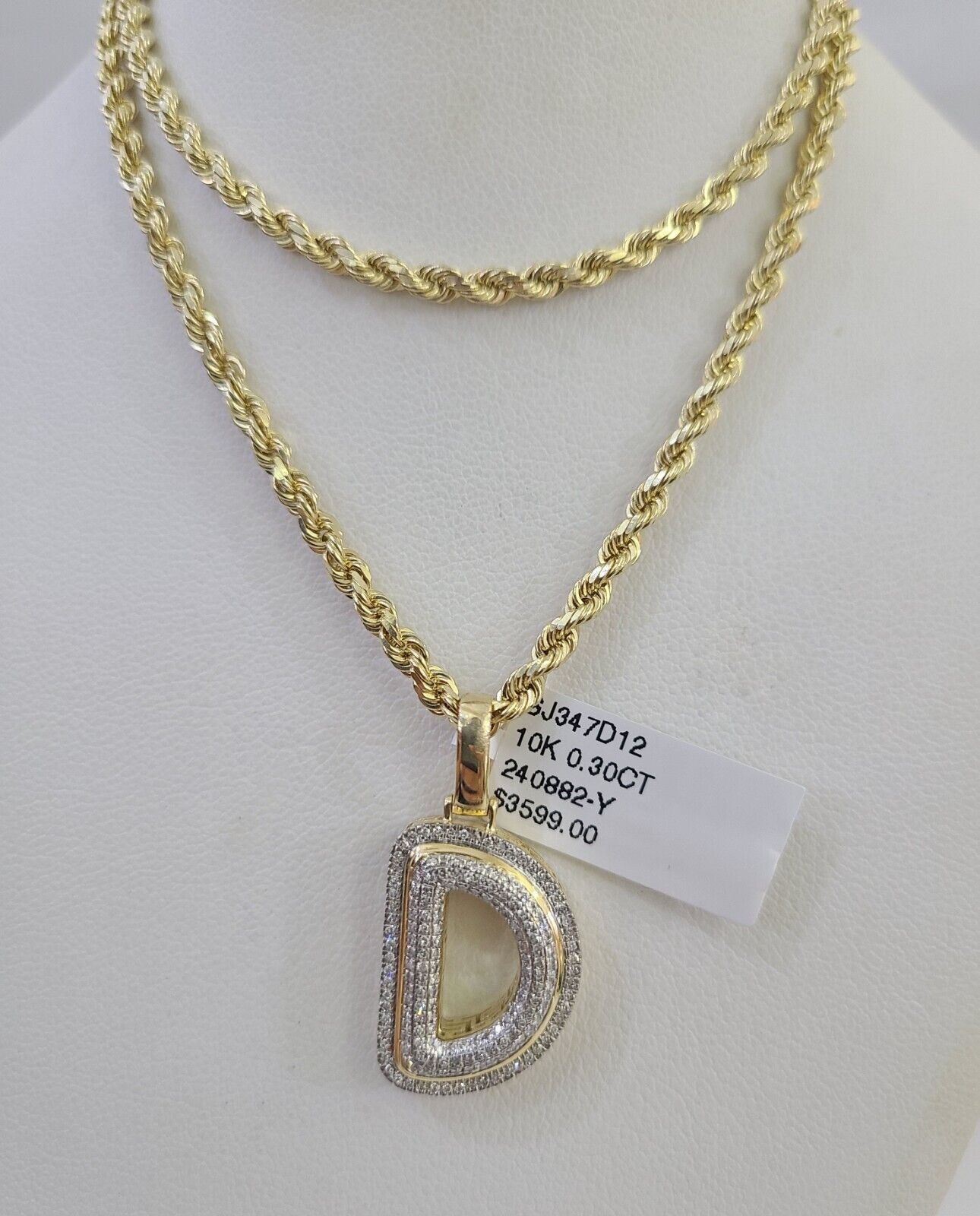 10k 3mm Rope Solid Chain D Diamond Pendant Alphabet 18"-28" Gold Charm Necklace