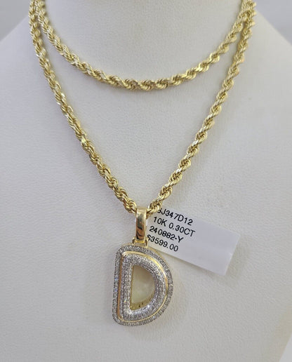 10k 3mm Rope Solid Chain D Diamond Pendant Alphabet 18"-28" Gold Charm Necklace