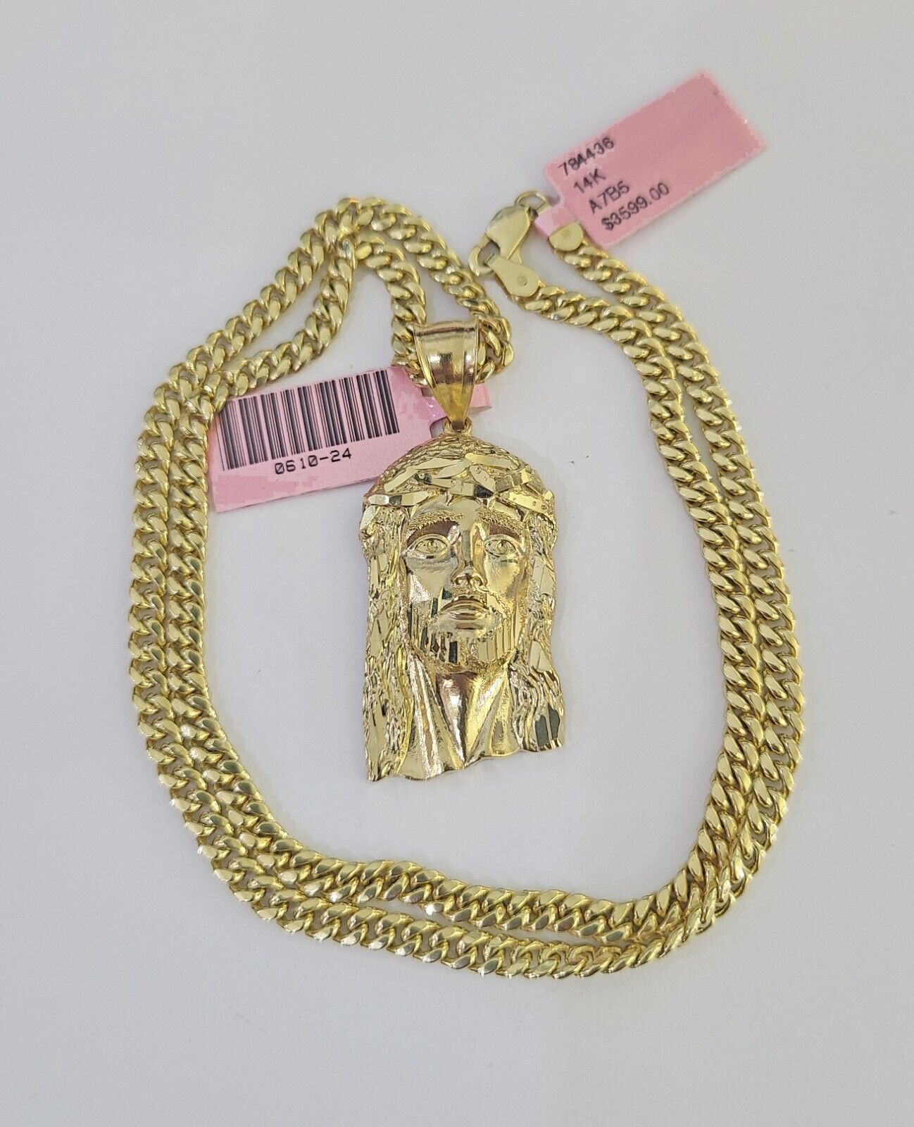 Real 14k Chain Jesus Head Charm Set Miami Cuban Link 4mm Necklace Pendant