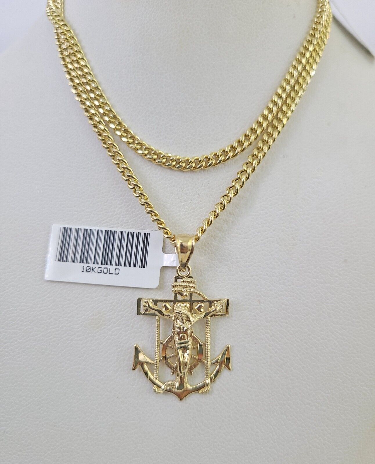 10K Gold Miami Cuban Chain Jesus Anchor Charm 18"-28" 3mm REAL Pendant Necklace