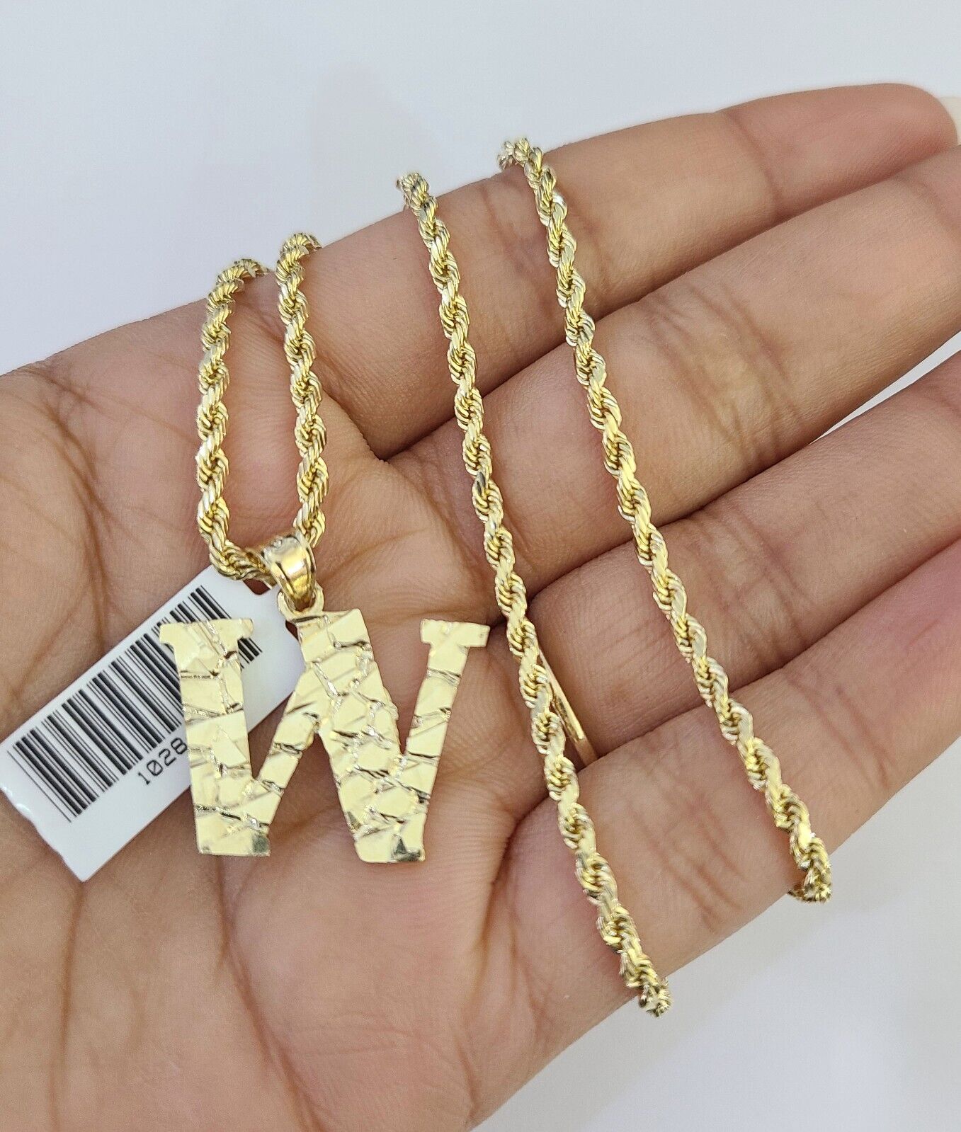 10k Gold Initial W Charm Rope Chain 16"-26" 2.5mm SET Necklace Alphabet Pendant