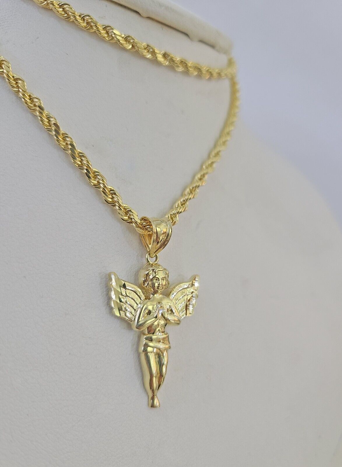 10k 3mm Rope Chain Praying Angel Pendant 18"-30" Yellow Gold Set Charm Necklace