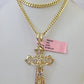 Real 14k Chain Cross Charm Set Miami Cuban Link 4mm Necklace Pendant Yellow Gold