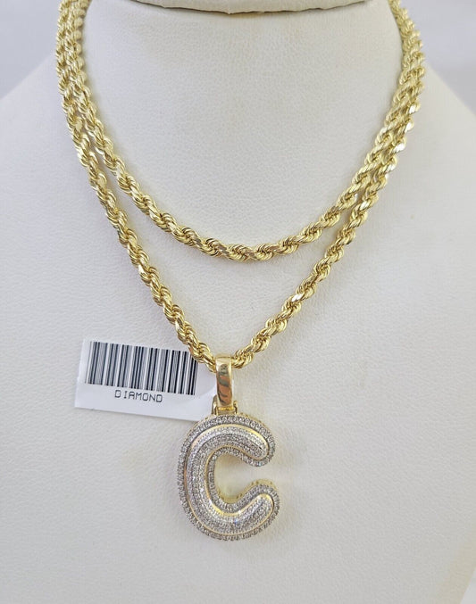 10k 3mm Rope Solid Chain C Diamond Pendant Alphabet 18"-28" Gold Charm Necklace