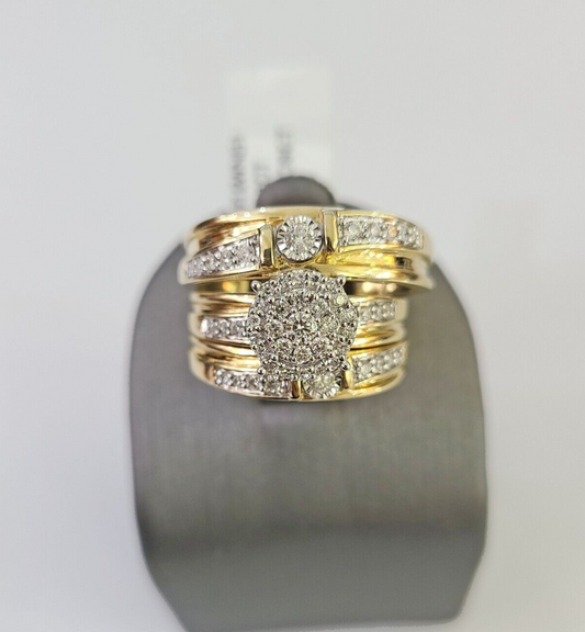 REAL 14k Diamond Ring Yellow Gold Ladies Men Trio SET Wedding Engagement Genuine