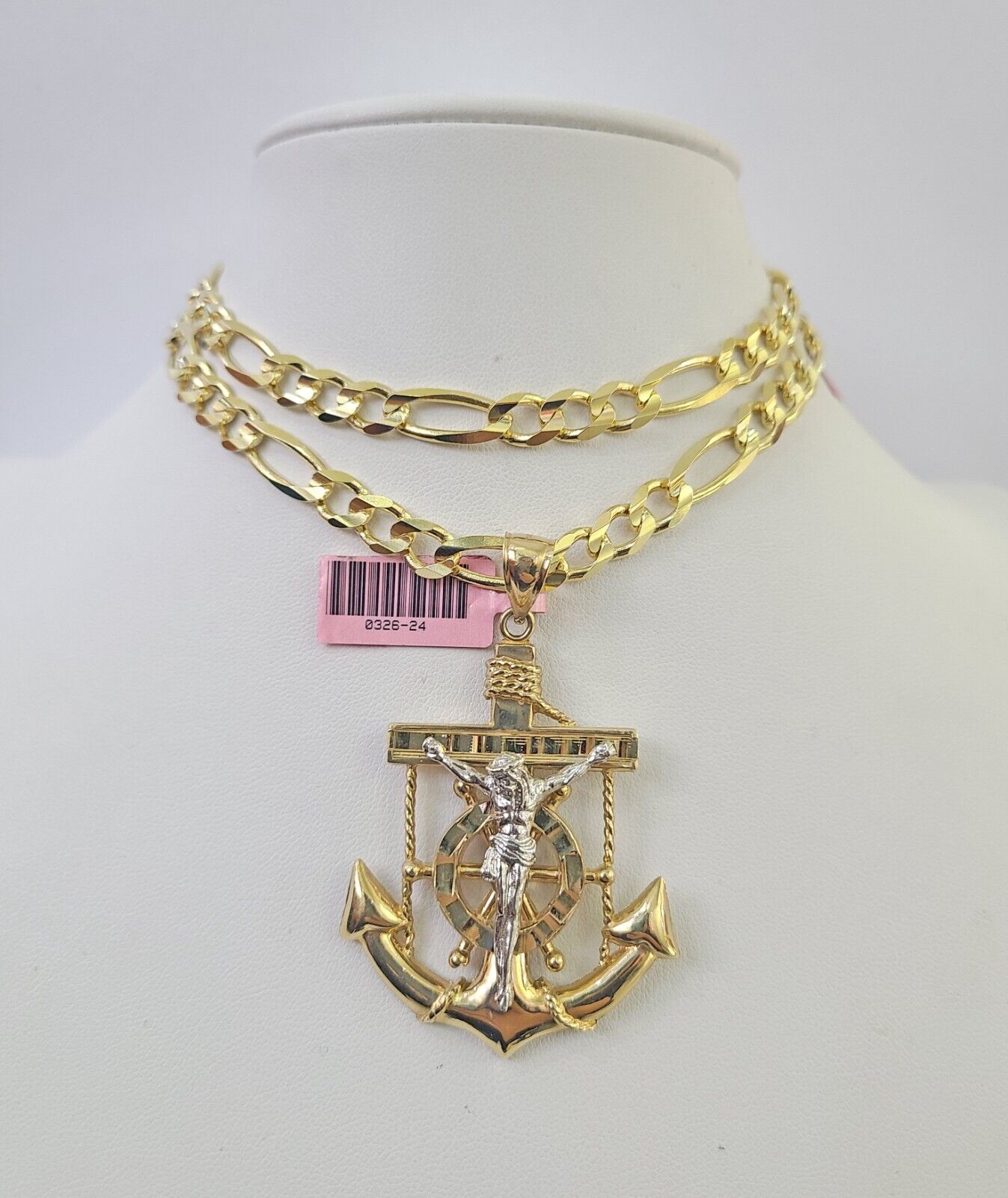 14k Solid Figaro Chain Jesus Anchor Charm Pendant Gold 7mm 20"-30" SET Necklace