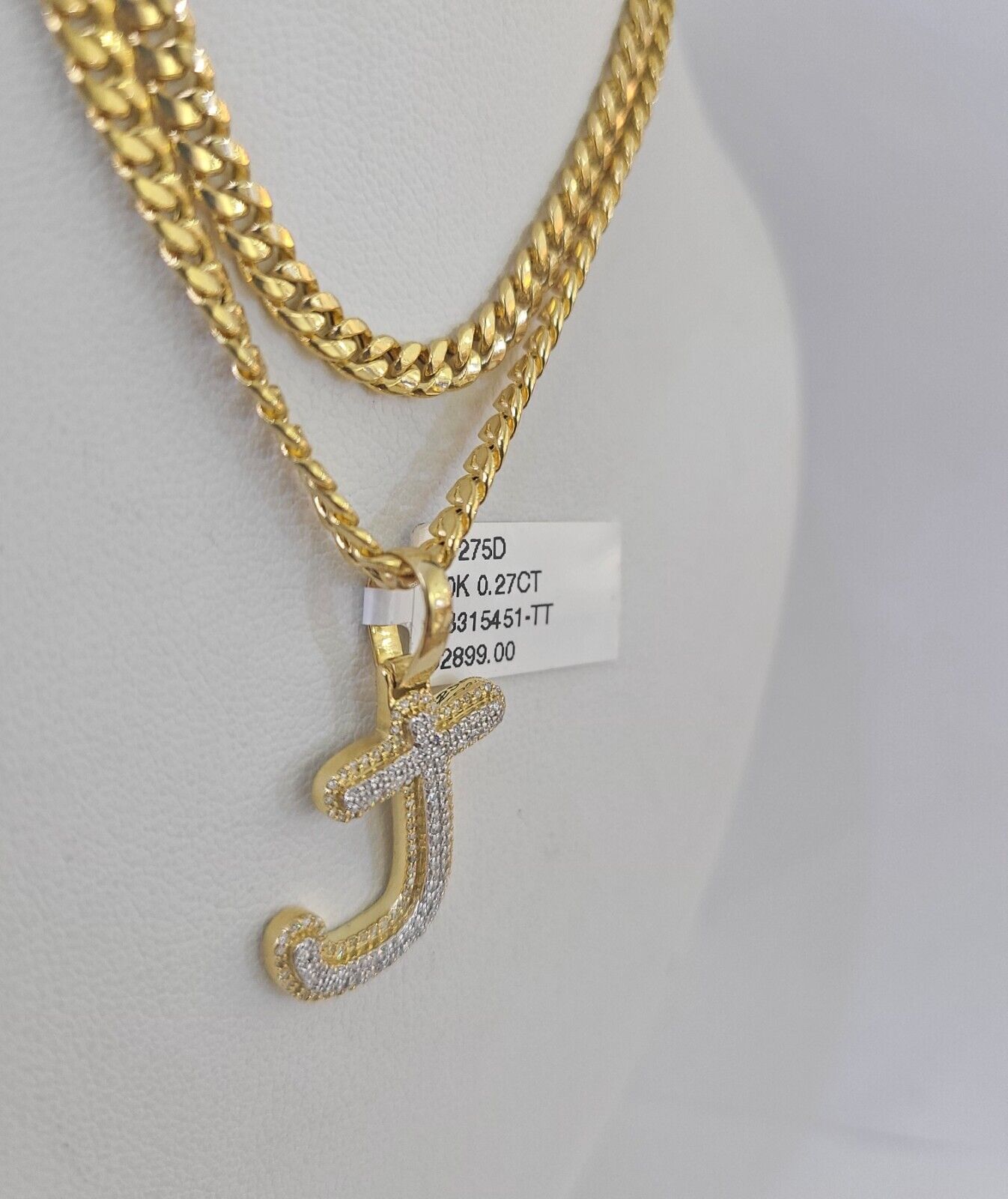 10k Miami Cuban Chain J Diamond Charm Set 4mm 18-26"Yellow Gold Necklace Pendant