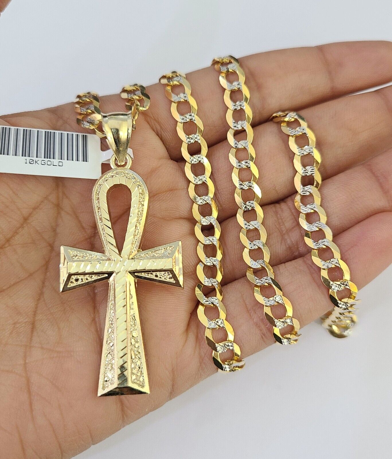 Solid 10k Gold Cuban Curb Link Chain Ankh Cross Pendant 6mm 20"-30" SET Necklace