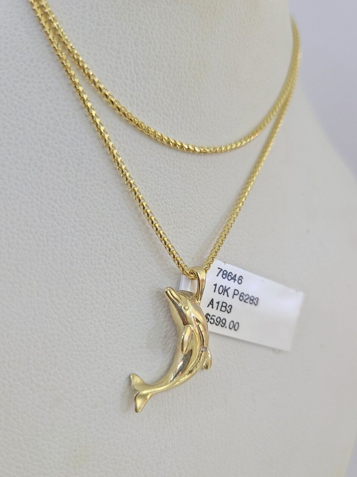 10K Solid Franco Chain Dolphin Pendant Charm Necklace 16"-22" 1mm Gold