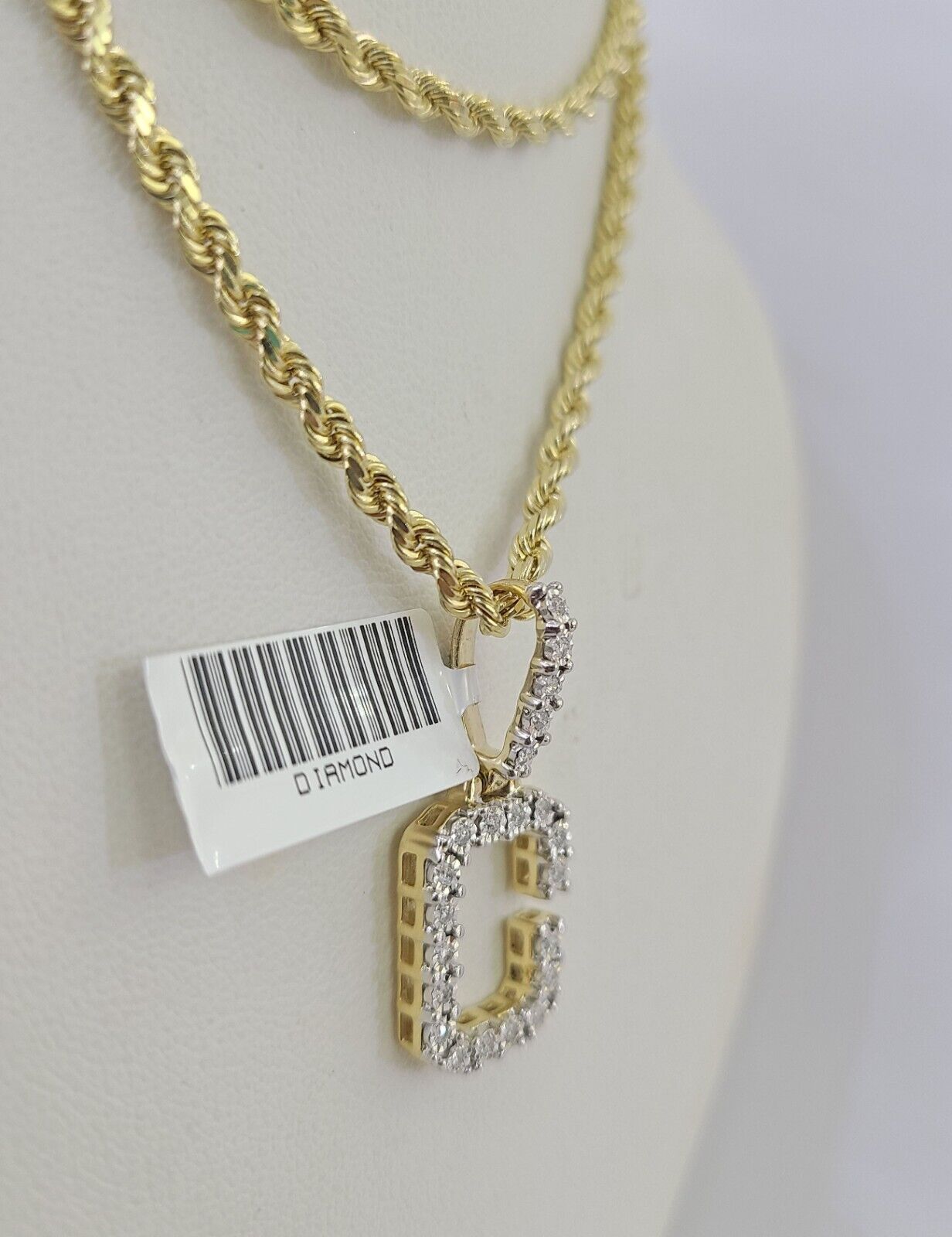 10k 3mm Rope Solid Chain C Diamond Pendant Alphabet 18"-28" Gold Charm Necklace