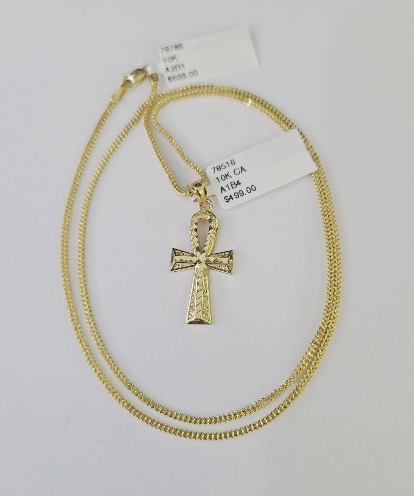 10K Gold Franco Chain Ankh Jesus Cross Charm SET 18-24 inches 1mm Necklace