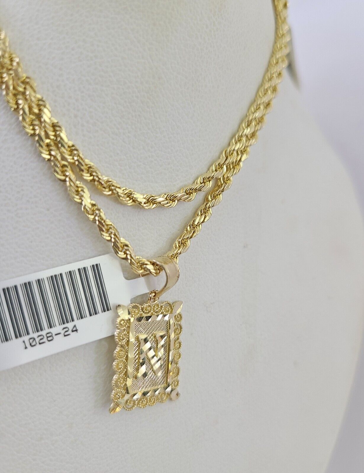 10k Gold Initial N Charm Rope Chain 16"-26" 2.5mm SET Necklace Alphabet Pendant