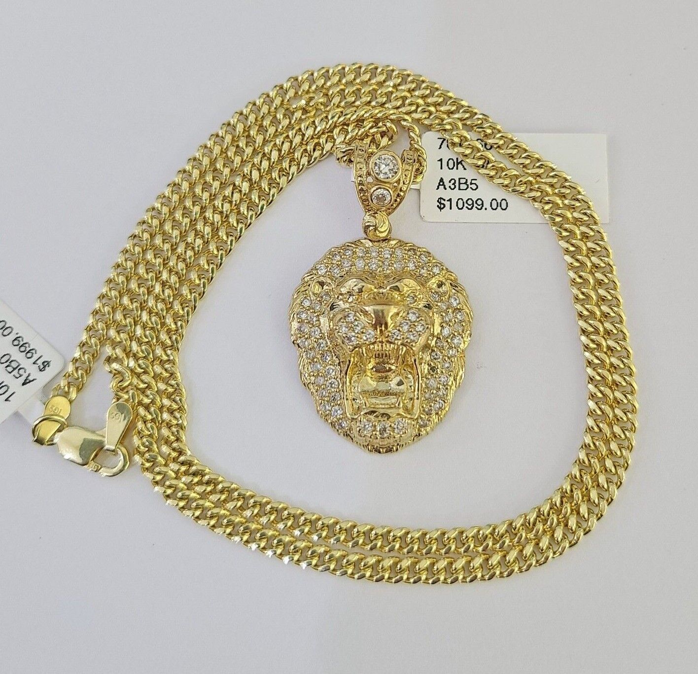 10K Gold Miami Cuban Chain Roaring Lion 18"-28" 3mm REAL Pendant Necklace SET