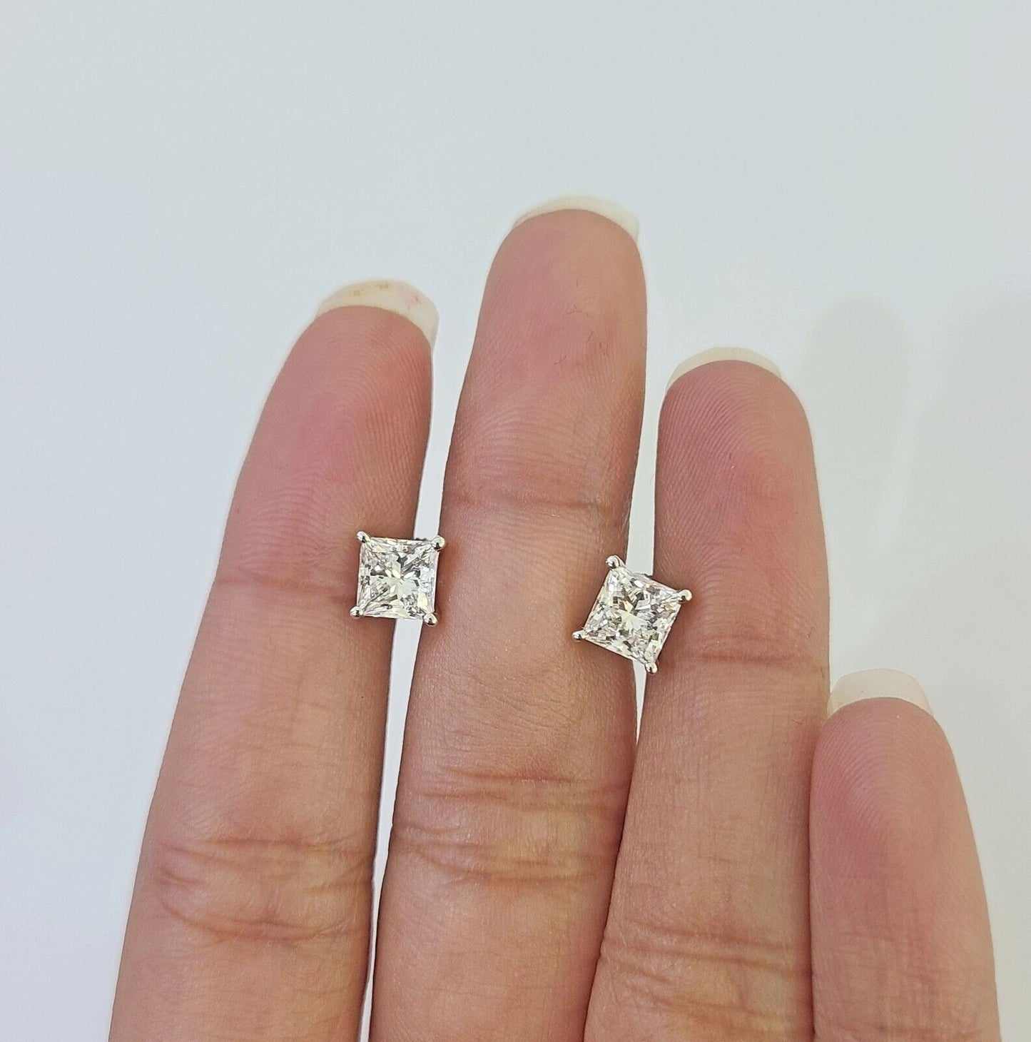 14k White gold Square Earrings Diamond screw-back Lab Created Women Men Studs