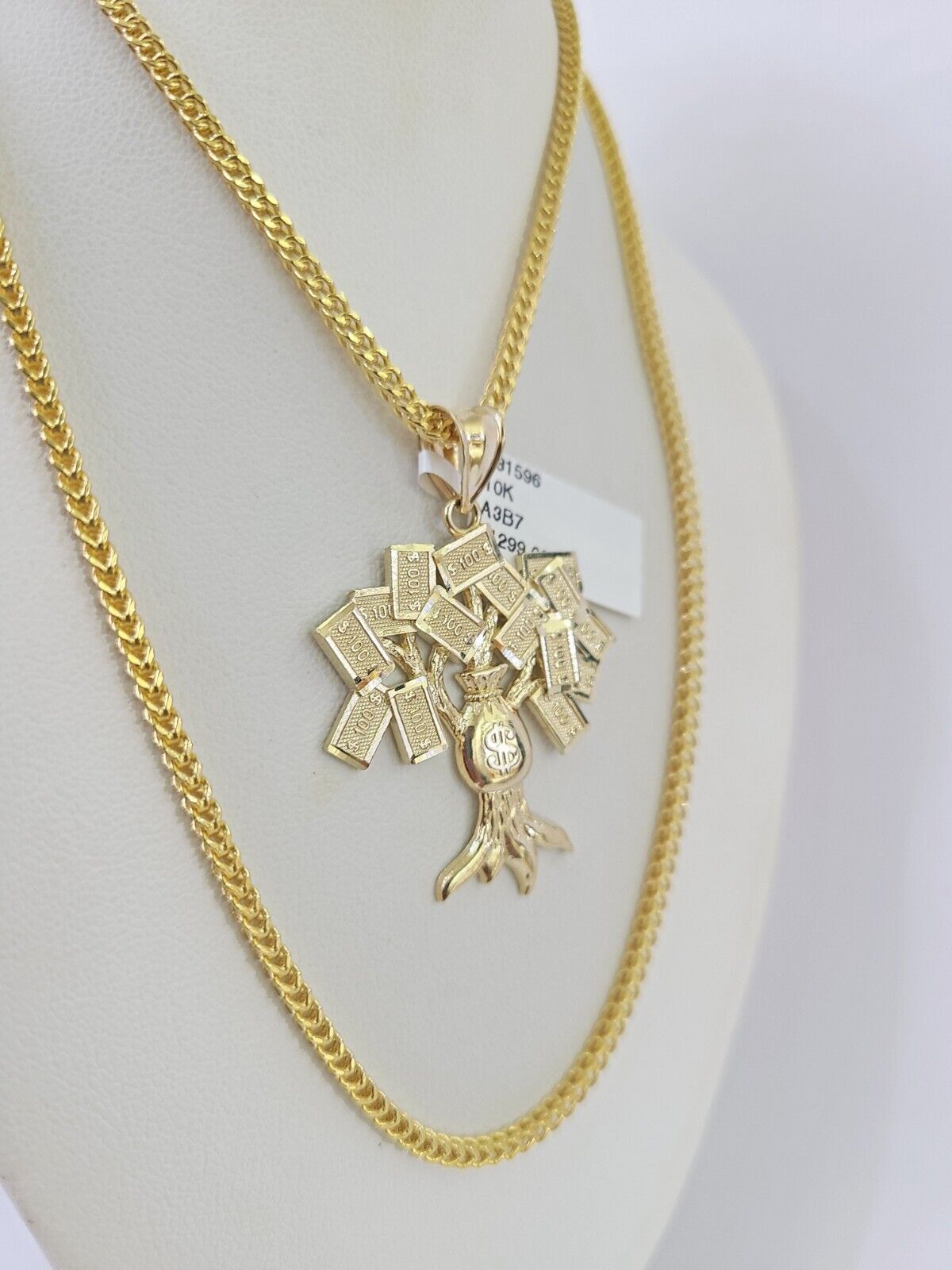 10K Franco Chain Money Tree Pendant Charm Necklace 20"-26" 2.5mm Yellow Gold