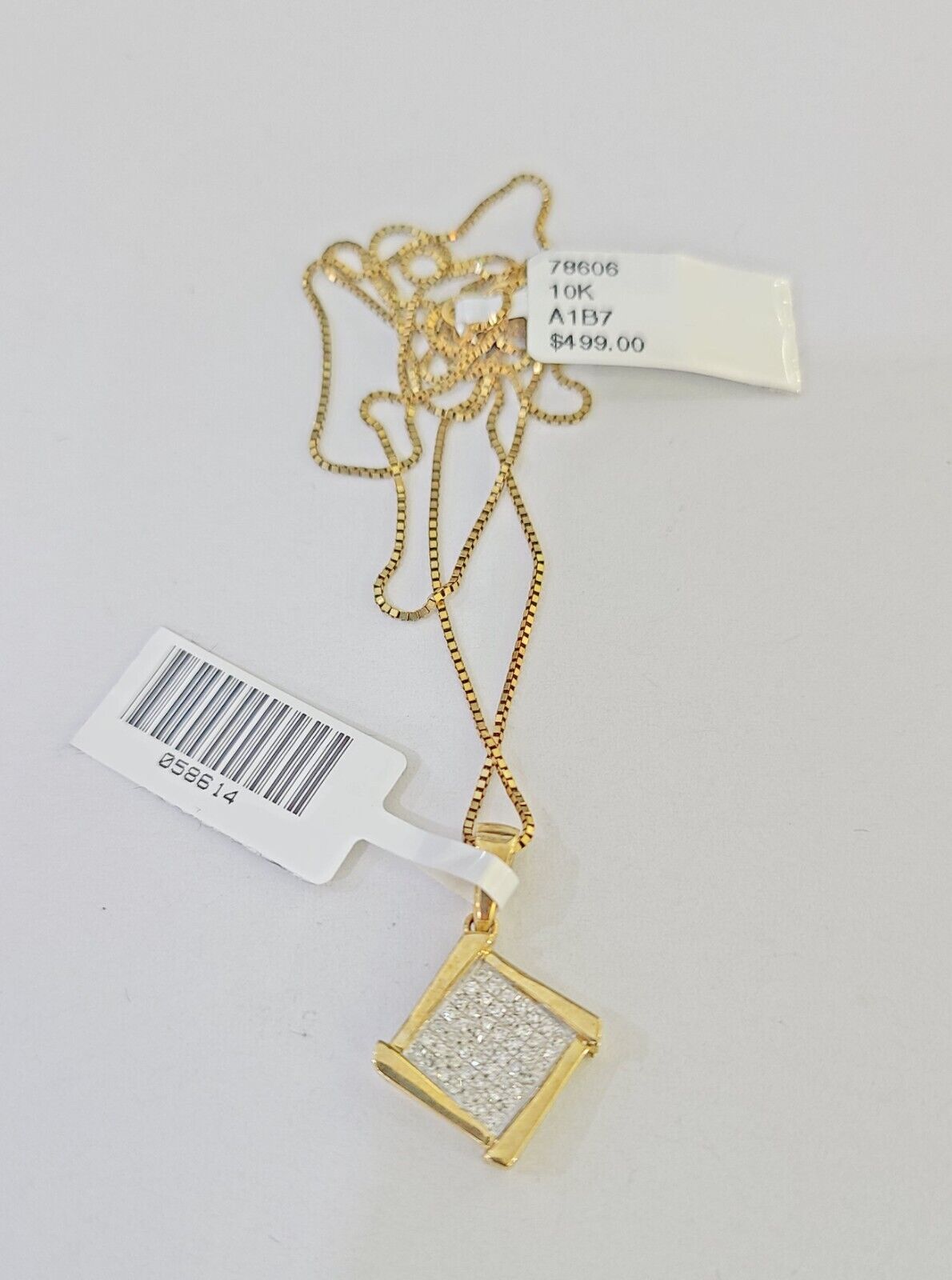 Real 10k Yellow Gold Square Diamond Pendant Box Chain Necklace Set Women