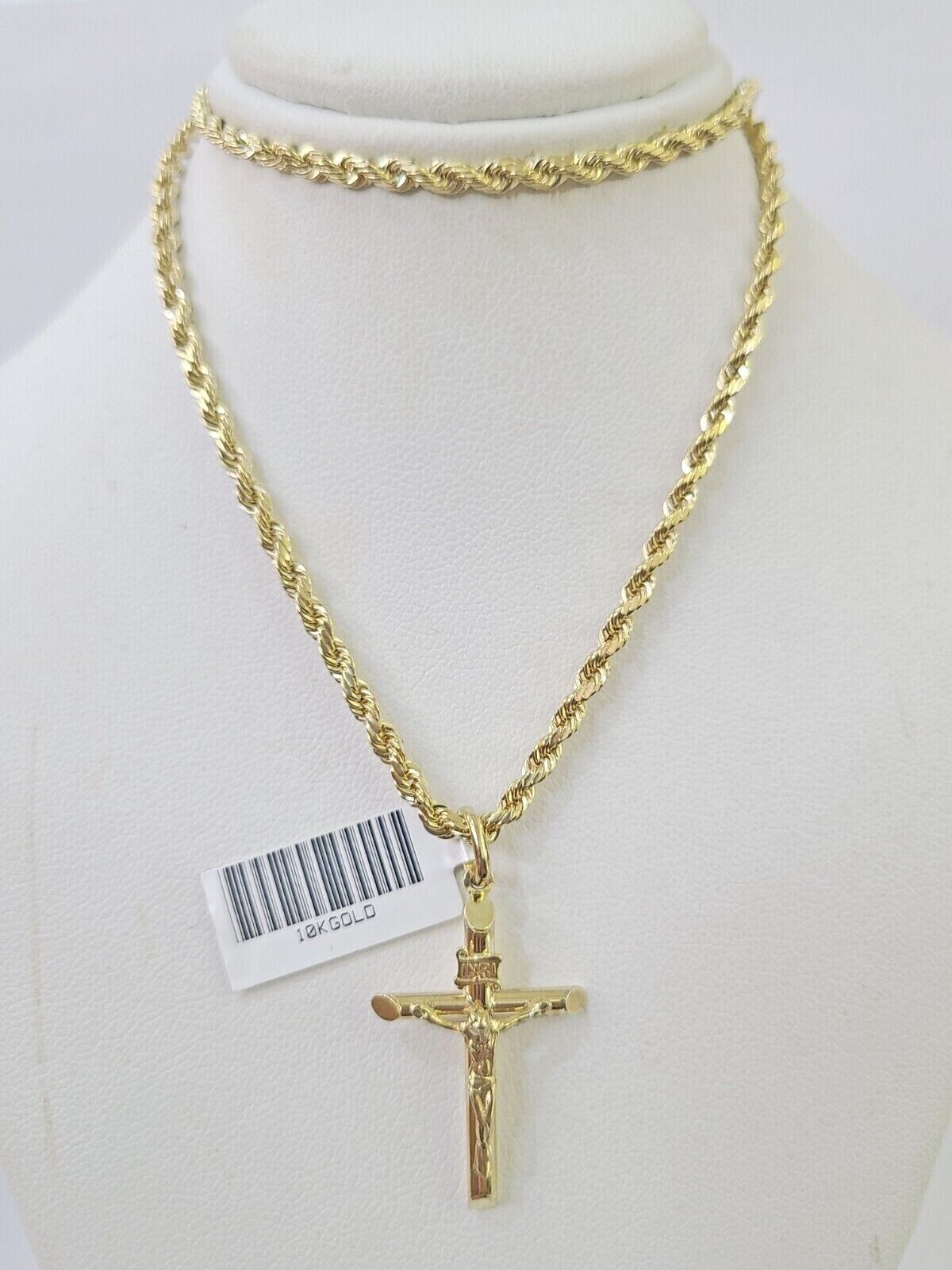 Real 10k 3mm Rope Chain INRI Cross Pendant 18