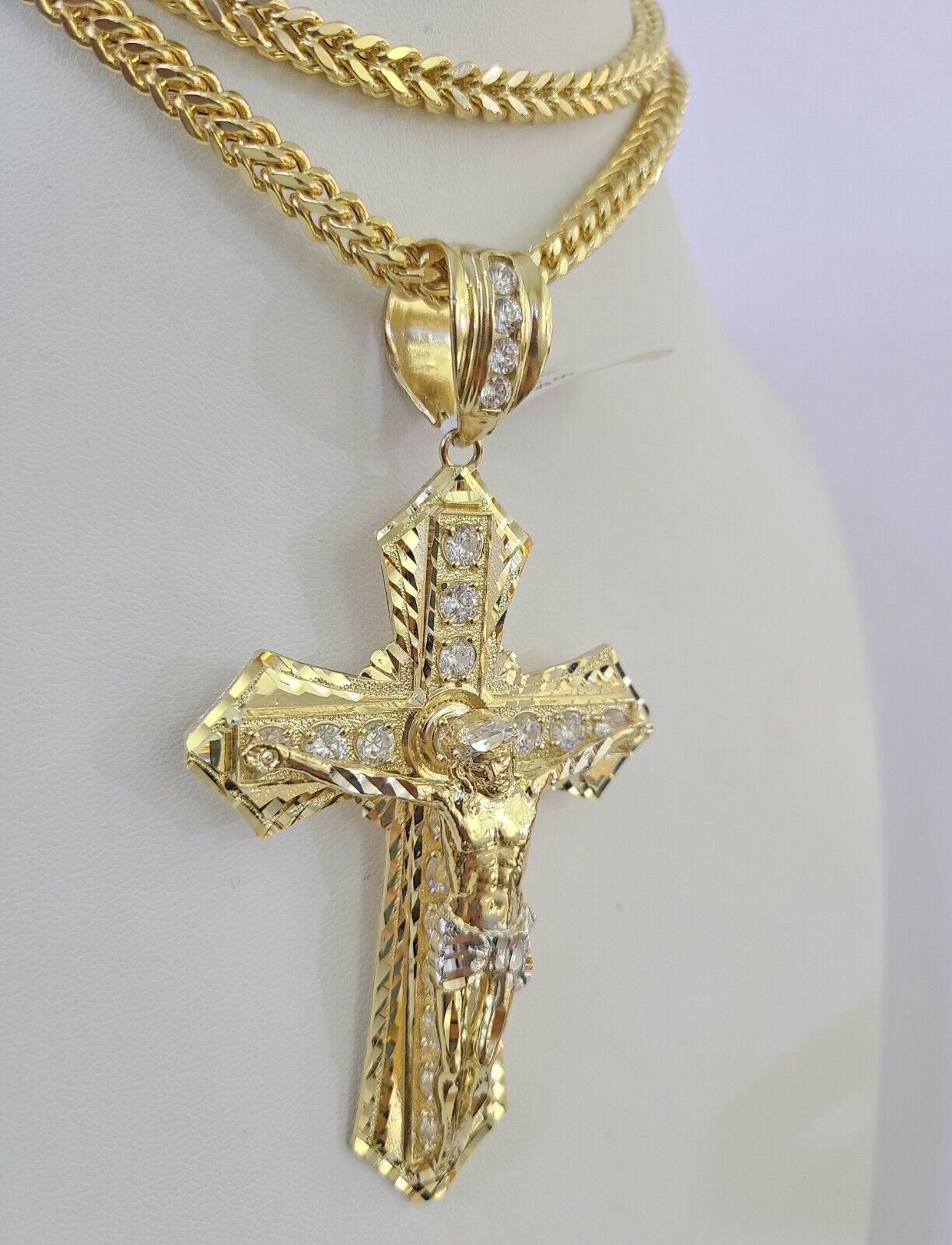 10K Franco Chain Jesus Cross Pendant Charm Necklace 20"-26" 5mm Gold Yellow SET