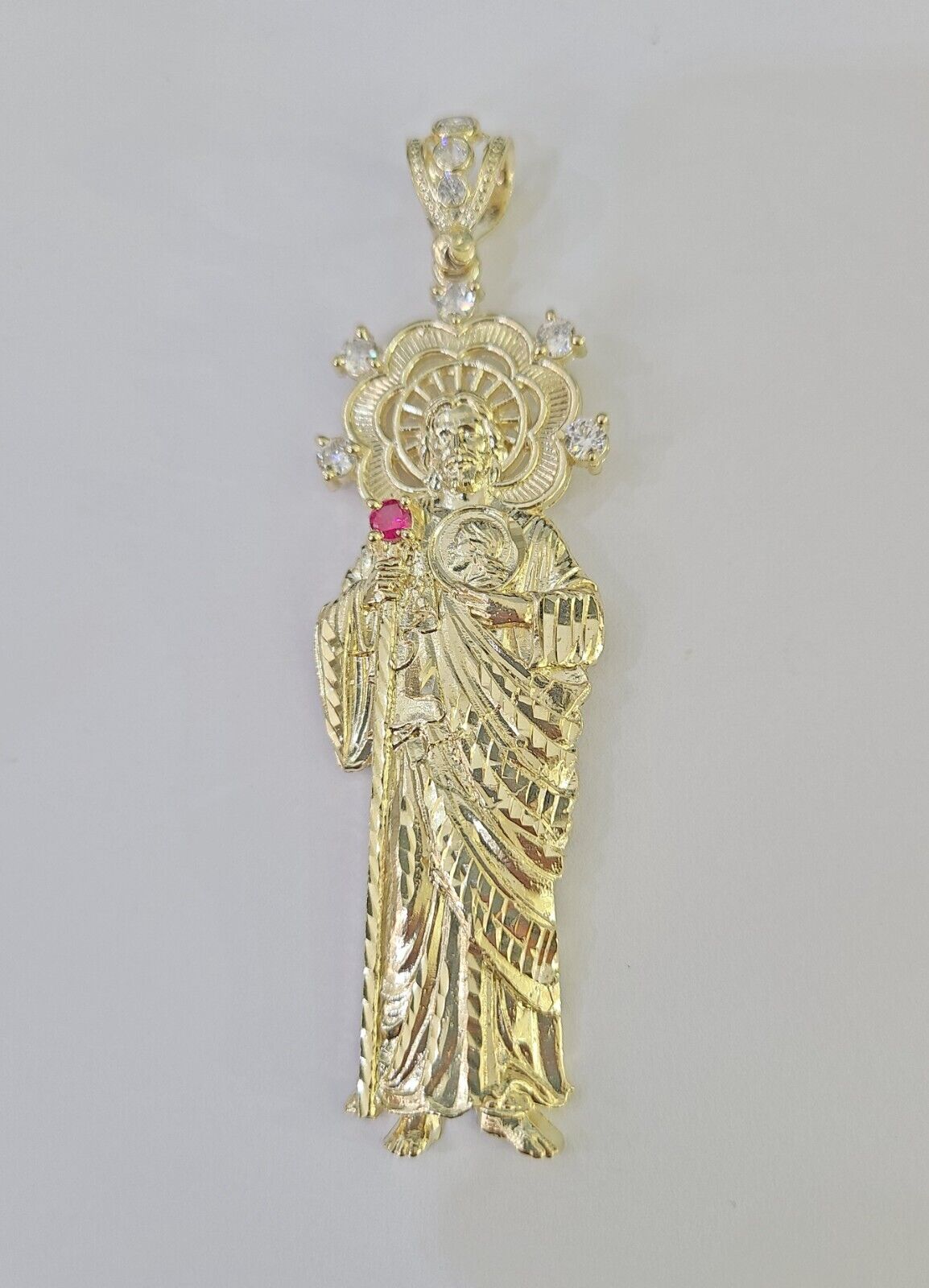 Real 10K Gold Saint Jude Charm Diamond Cut 10kt yellow Gold Pendent 3.5"