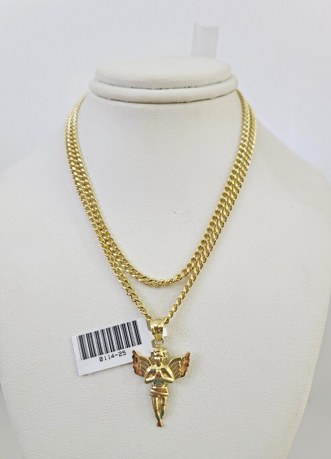 10k Gold Miami Cuban Chain Praying Angel Charm Pendant 3mm 18-28in Necklace Set